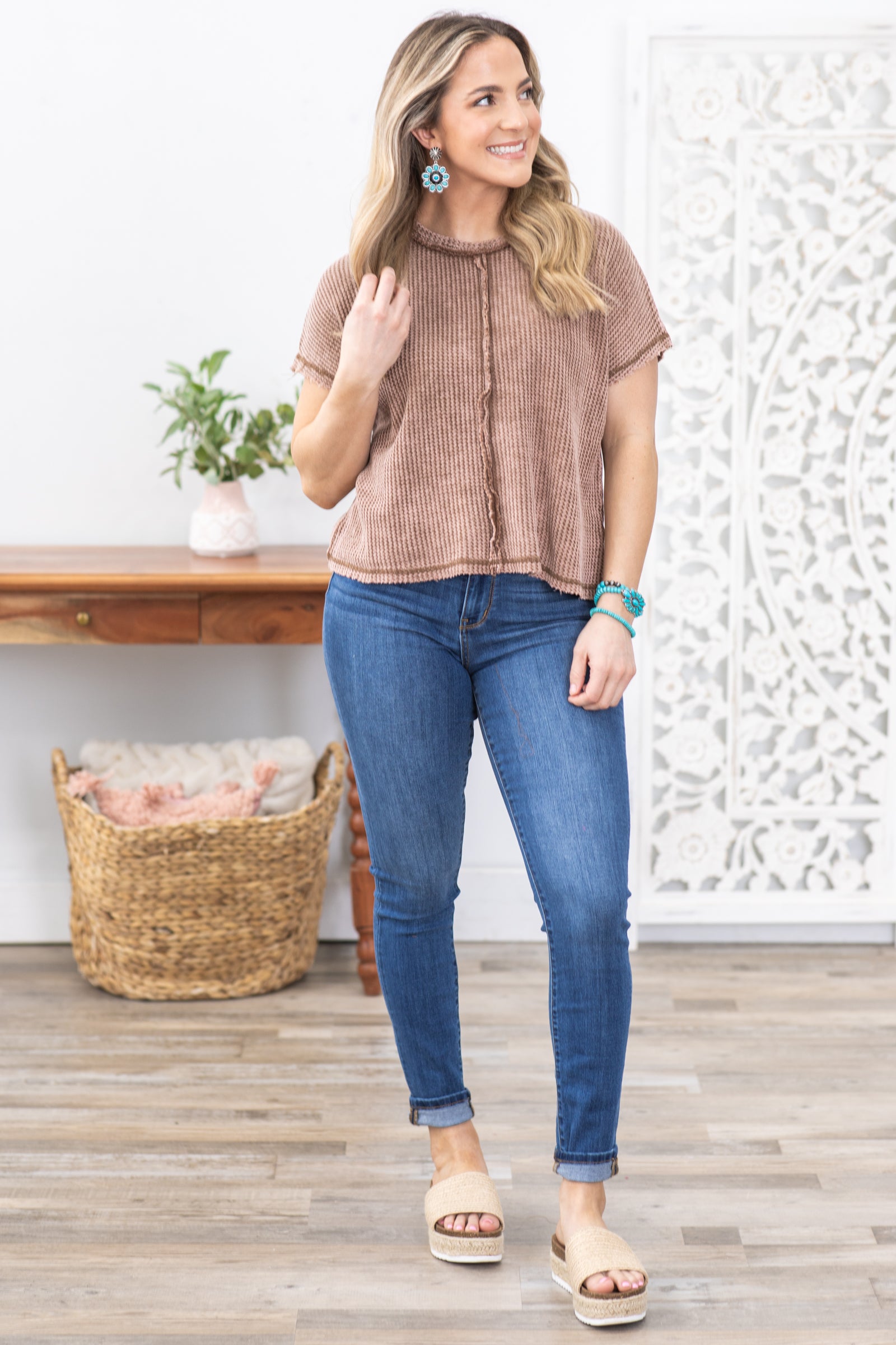 Brown Washed Stitch Detail Waffle Knit Top