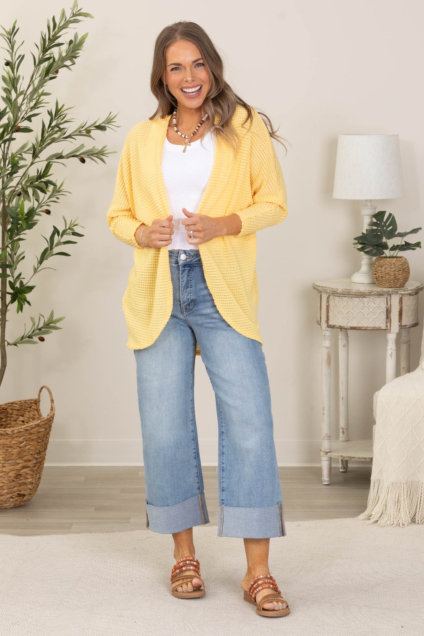 Yellow Dolman Sleeve Waffle Open Cardigan