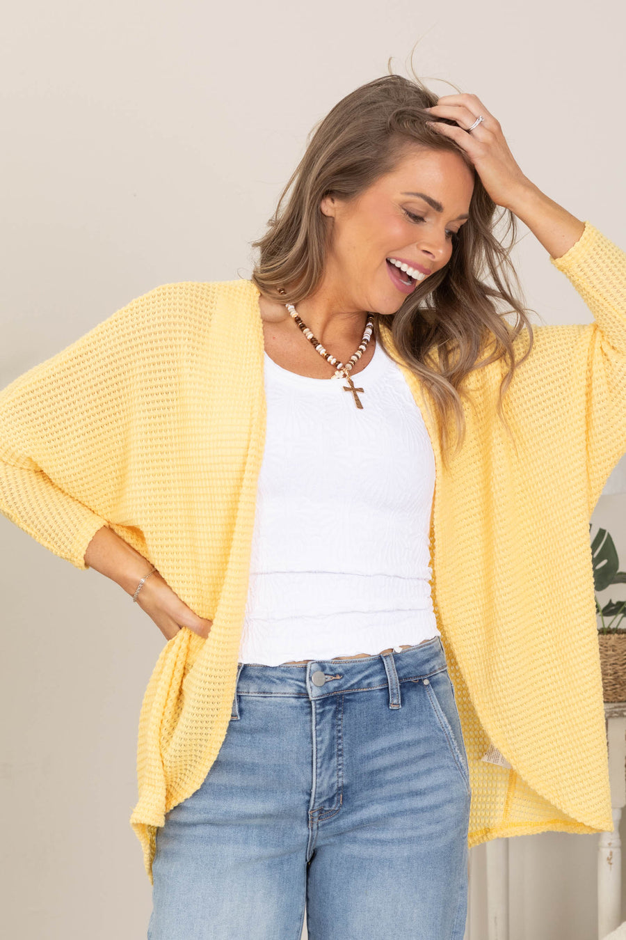 Yellow Dolman Sleeve Waffle Open Cardigan