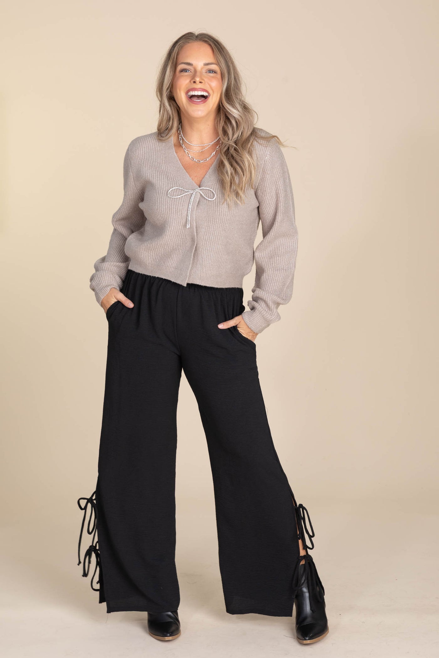 Light Mocha Sparkly Bow Tie Cardigan