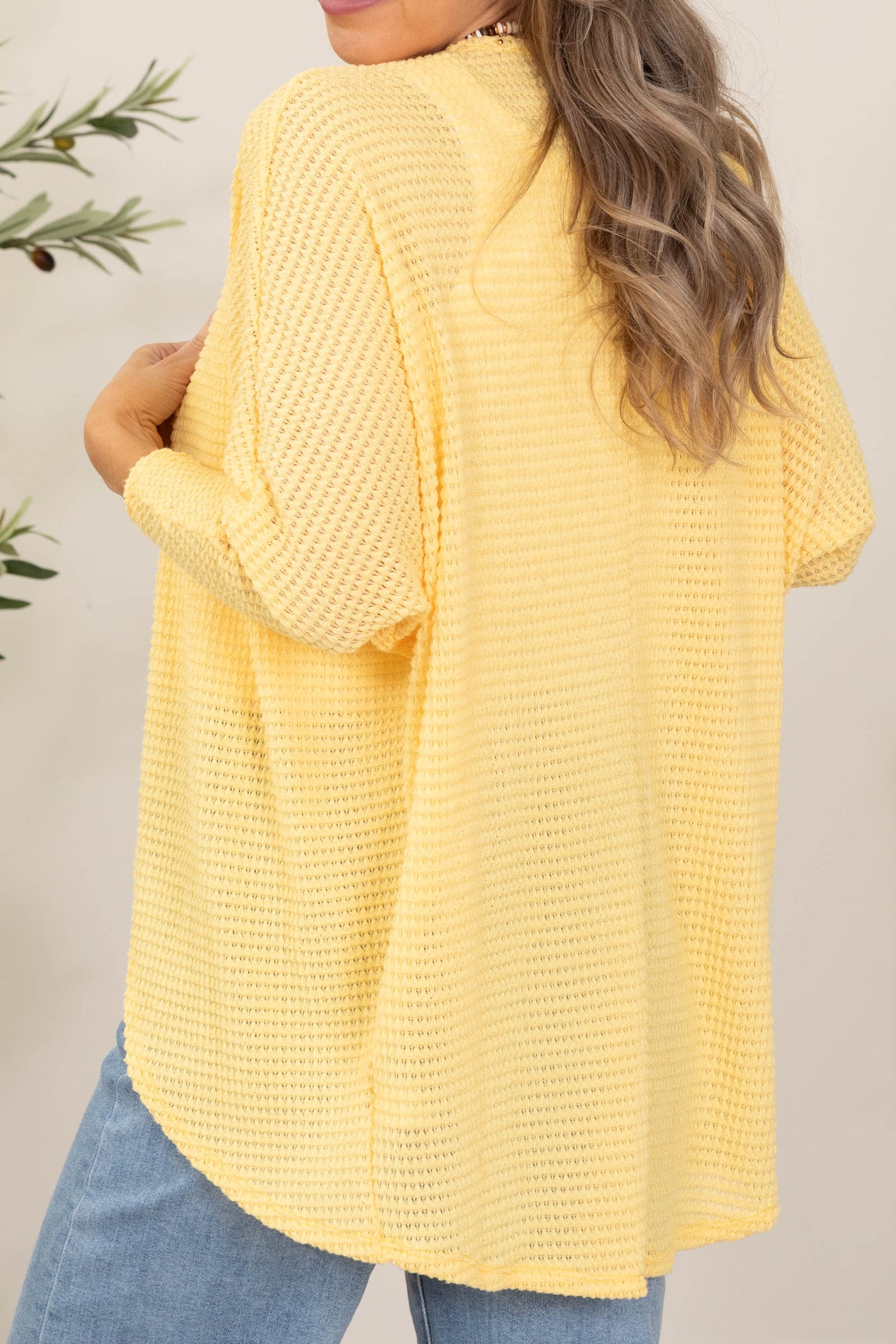 Yellow Dolman Sleeve Waffle Open Cardigan