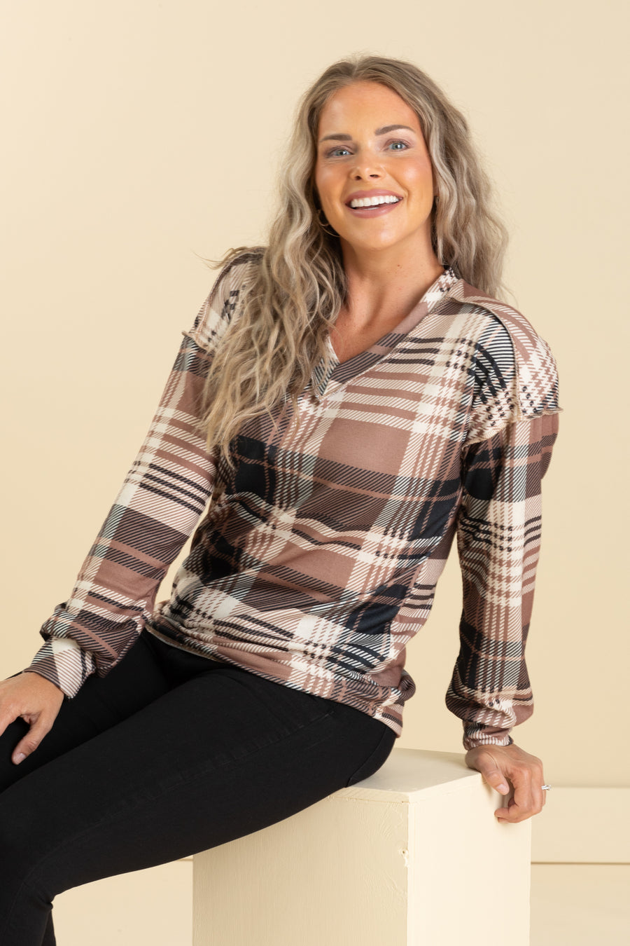 Tan And Black Plaid V-Neck Knit Top
