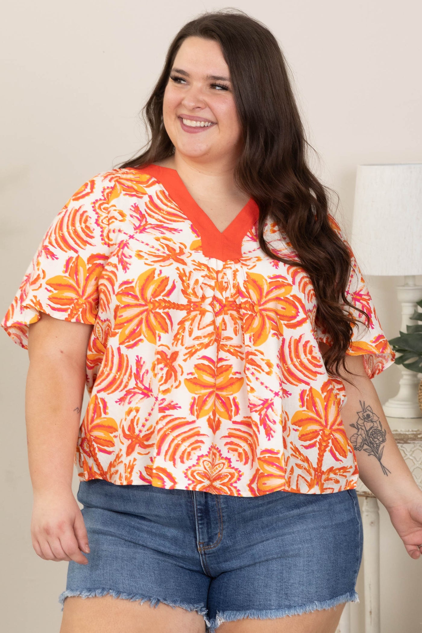 Printed Flutter Sleeve V-Neck Woven Tops