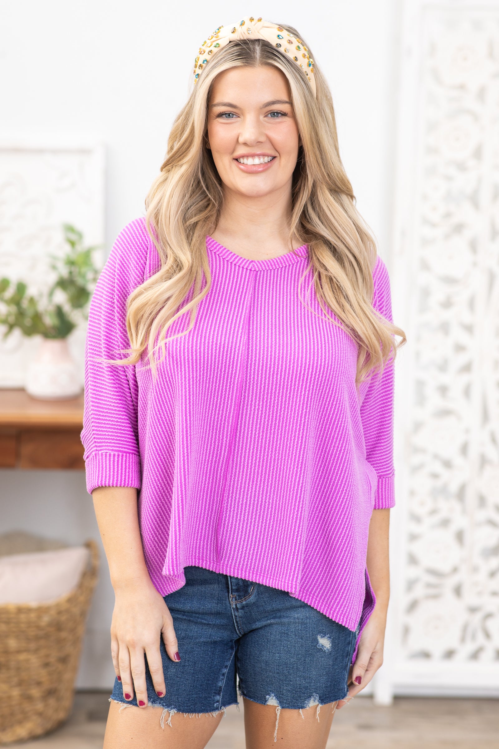 Orchid Ribbed Dolman Sleeve V-Neck Top