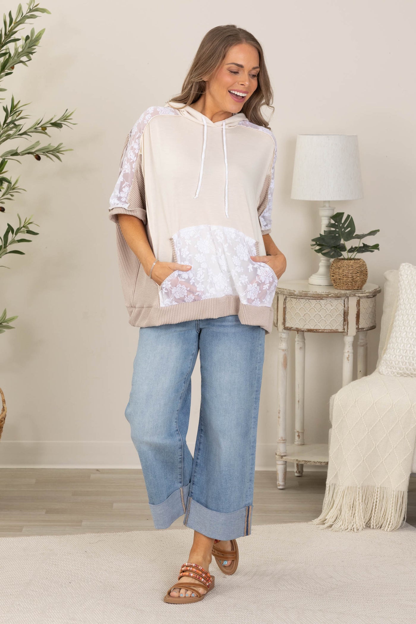 Light Mocha Floral French Terry Knit Hoodie Top