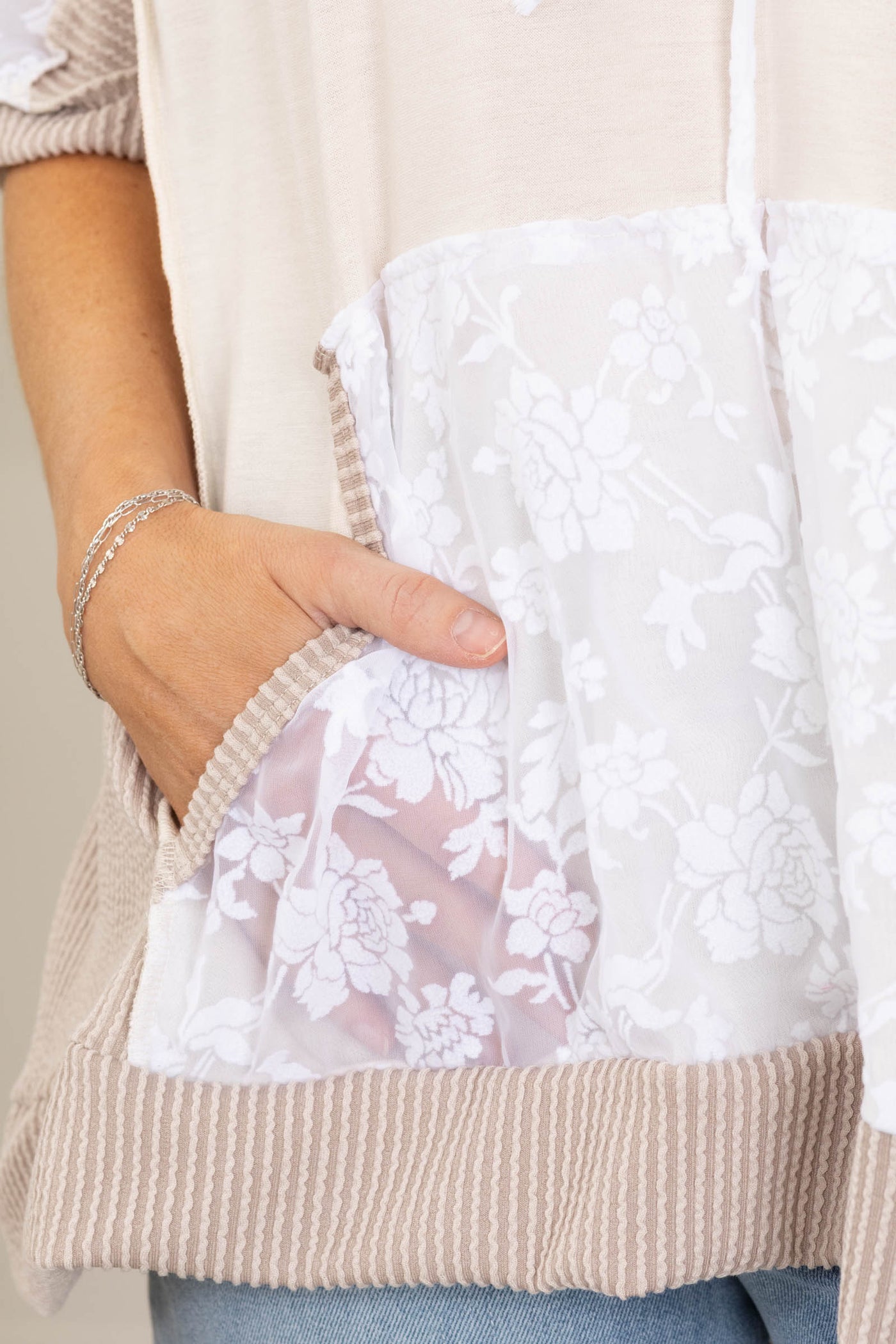 Light Mocha Floral French Terry Knit Hoodie Top