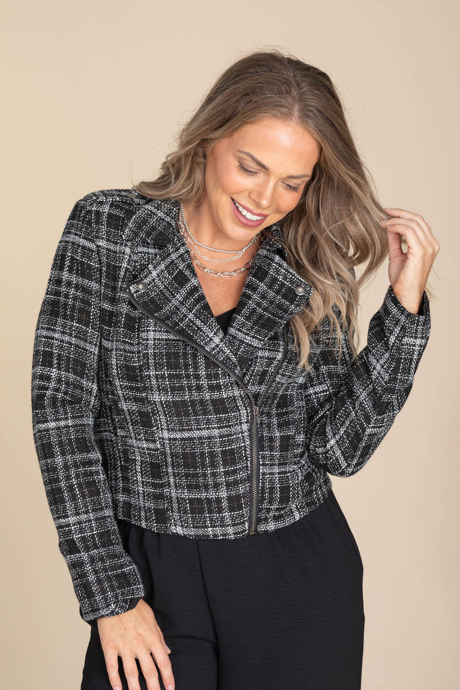 Black Plaid Tweed With Lurex Moto Jacket