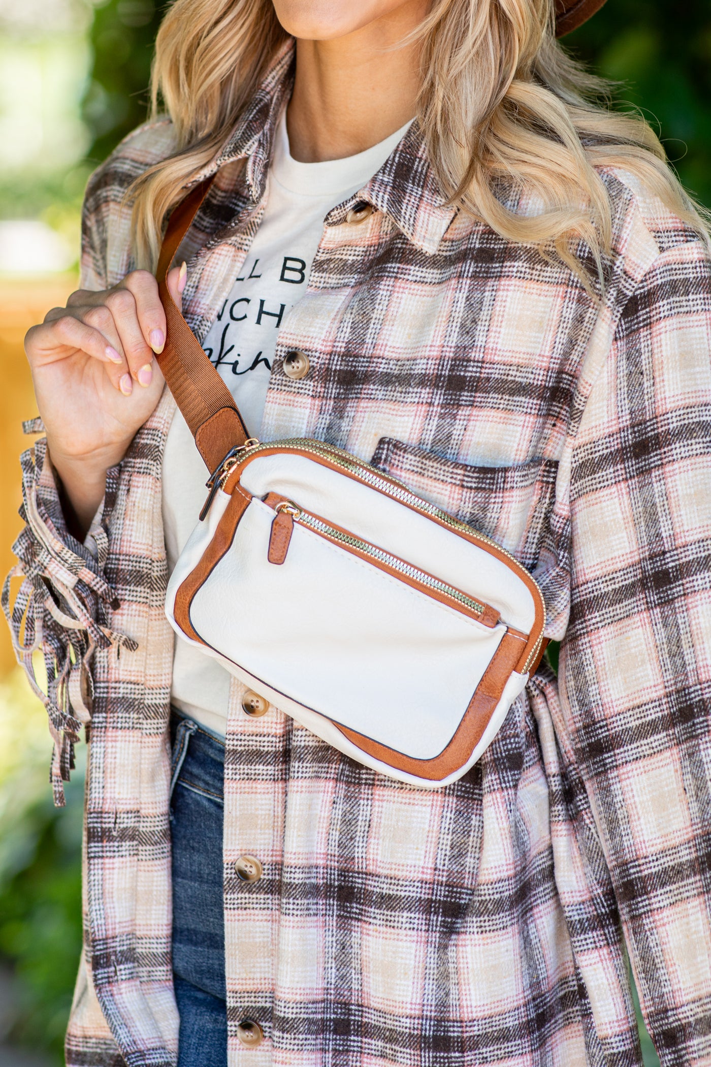 Ivory and Cognac Faux Leather Crossbody Bag