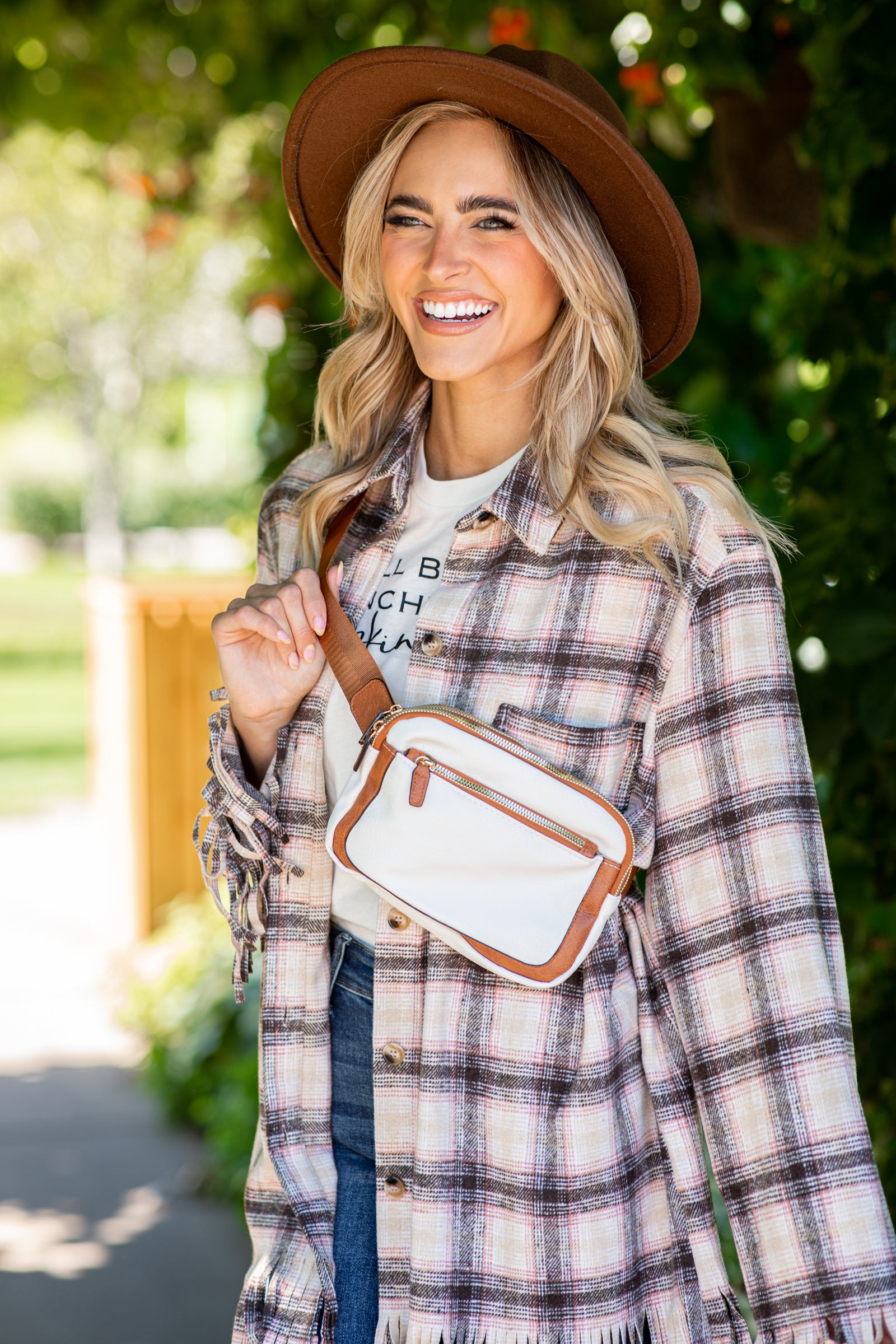 Ivory and Cognac Faux Leather Crossbody Bag