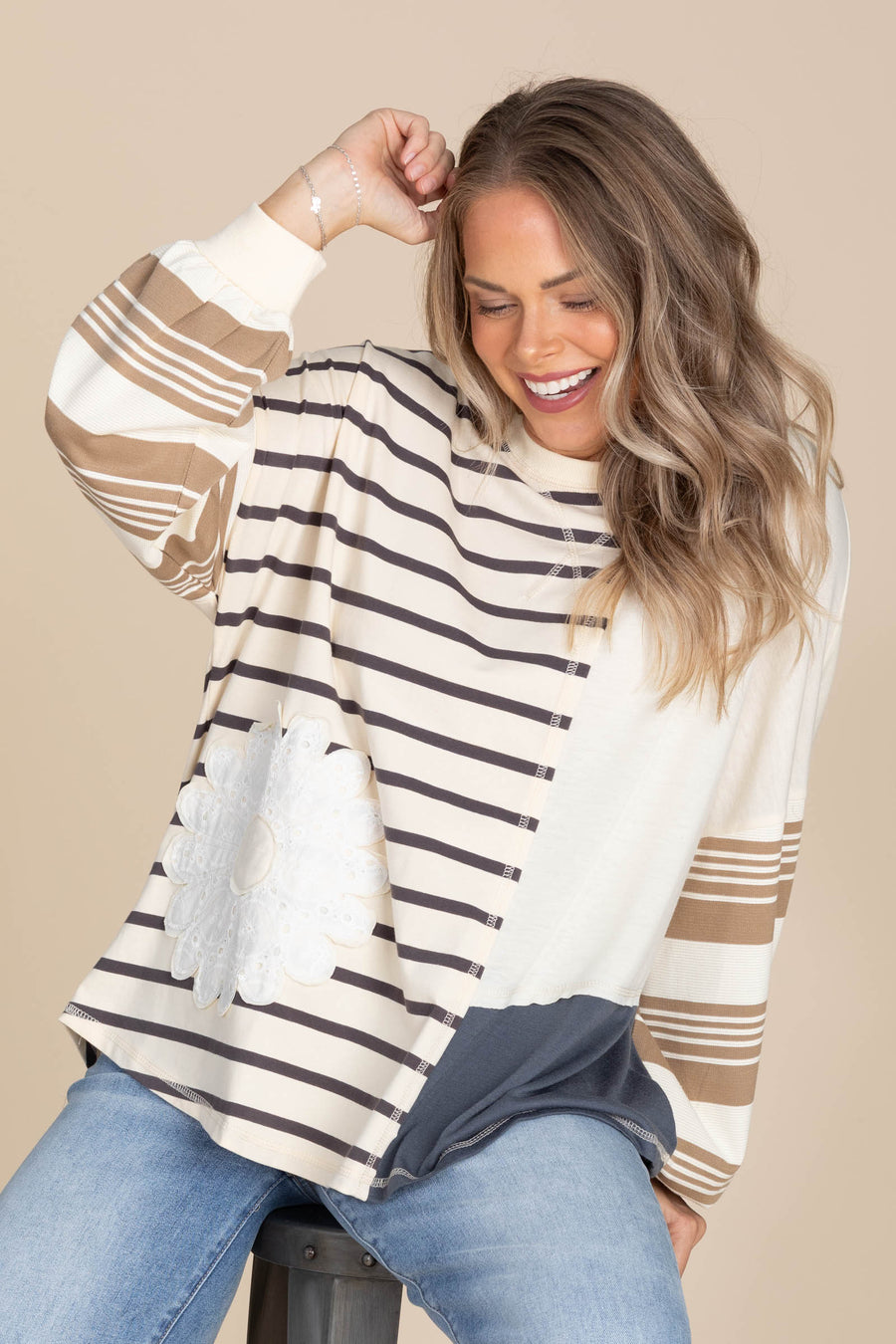 Mocha And Cream Contrast Knit Long Sleeve Top