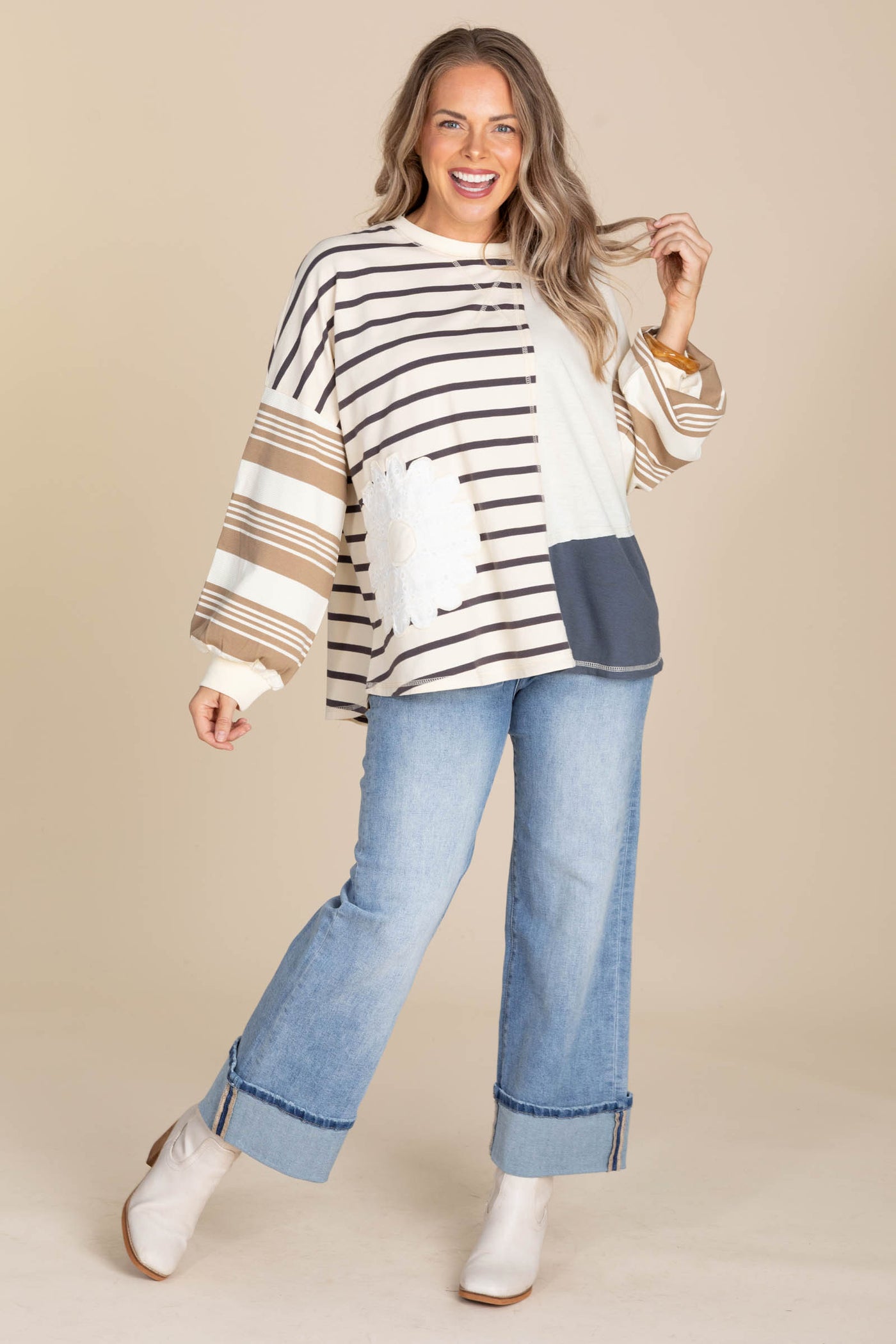 Mocha And Cream Contrast Knit Long Sleeve Top