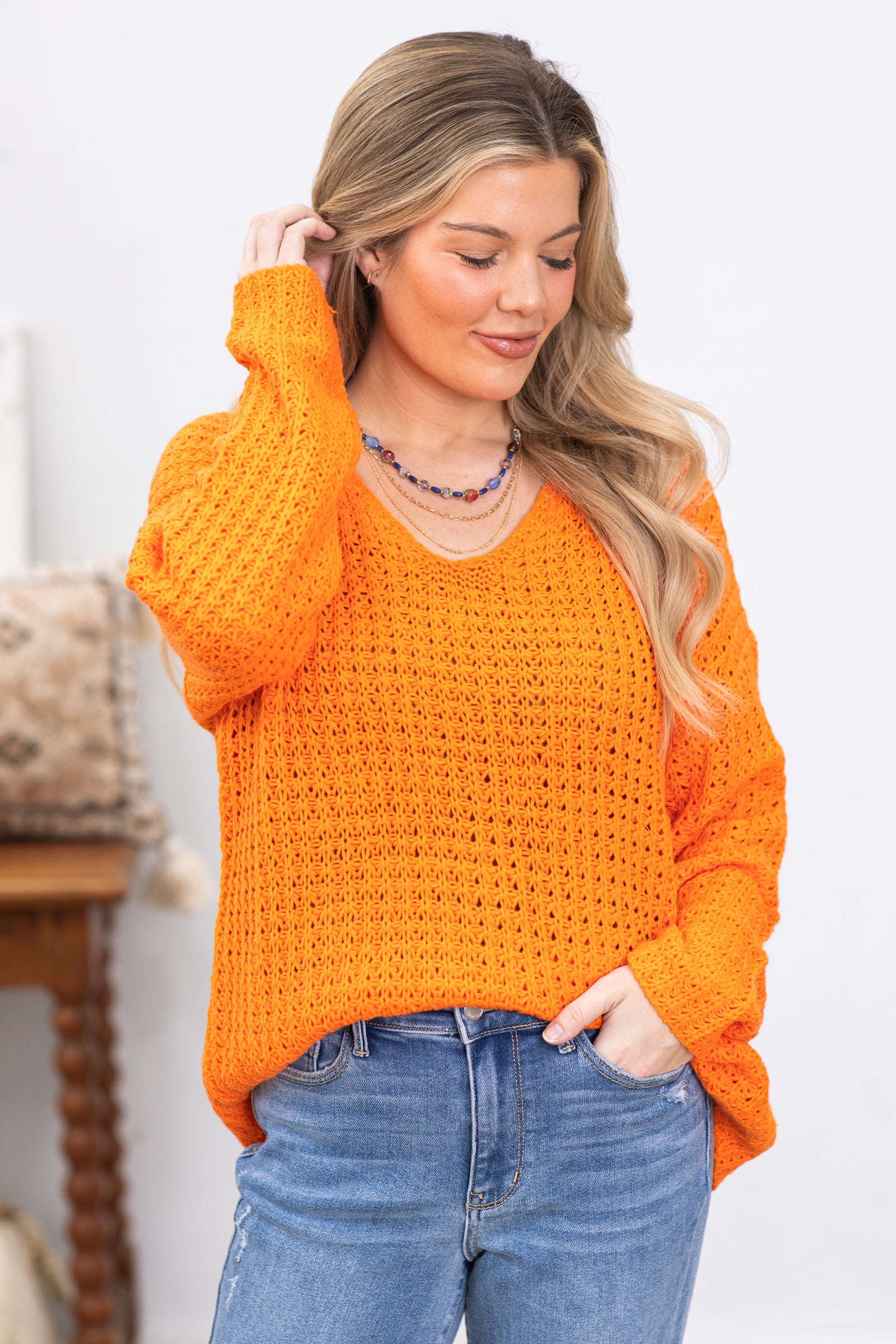 Orange Knitted V-Neck Sweater