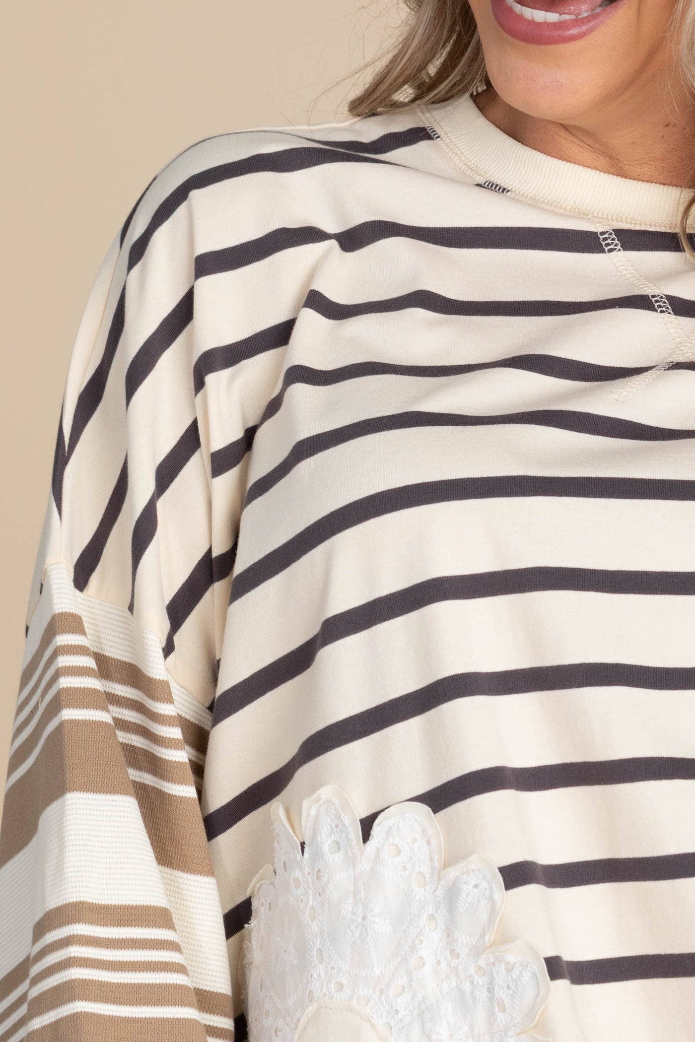 Mocha And Cream Contrast Knit Long Sleeve Top