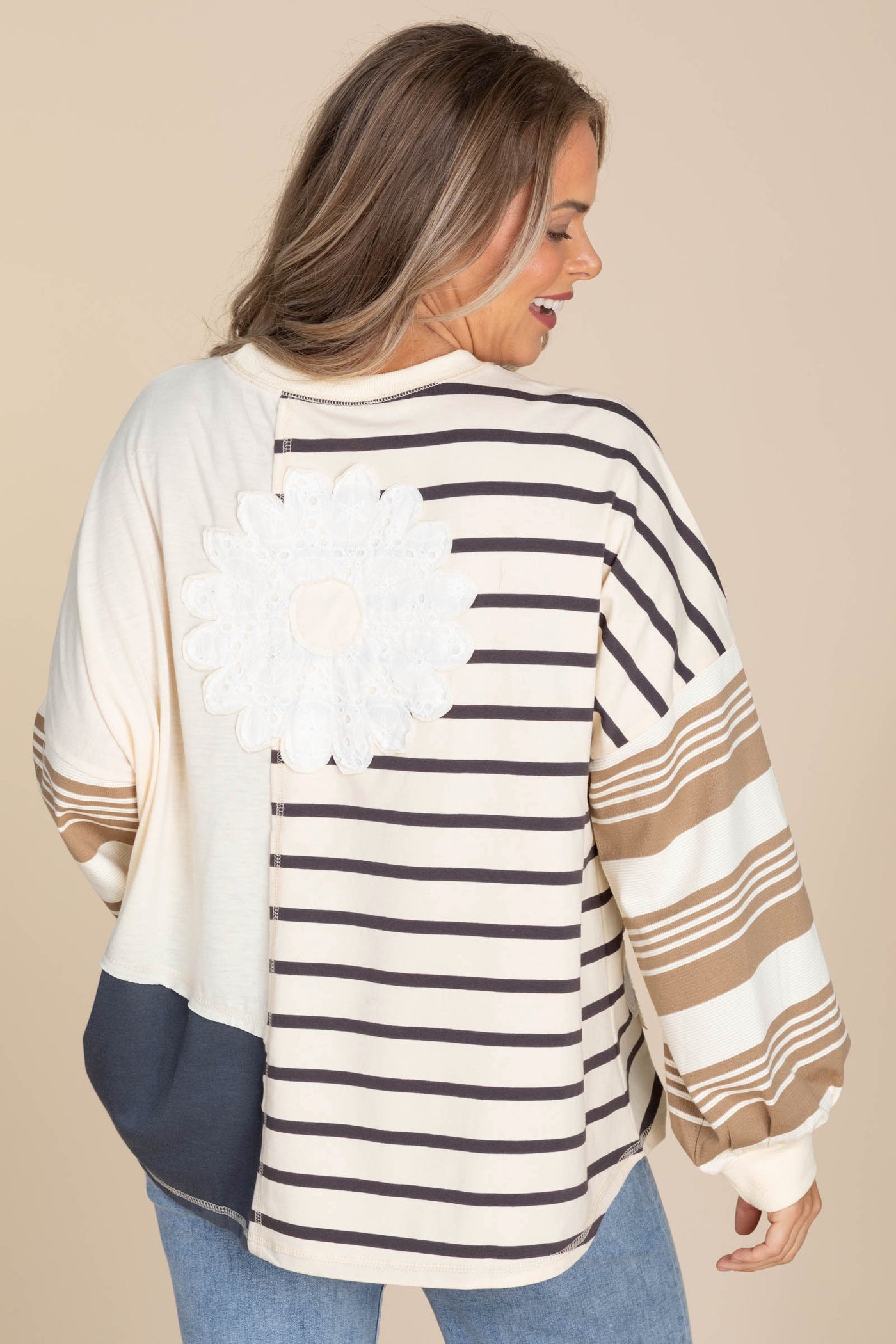 Mocha And Cream Contrast Knit Long Sleeve Top