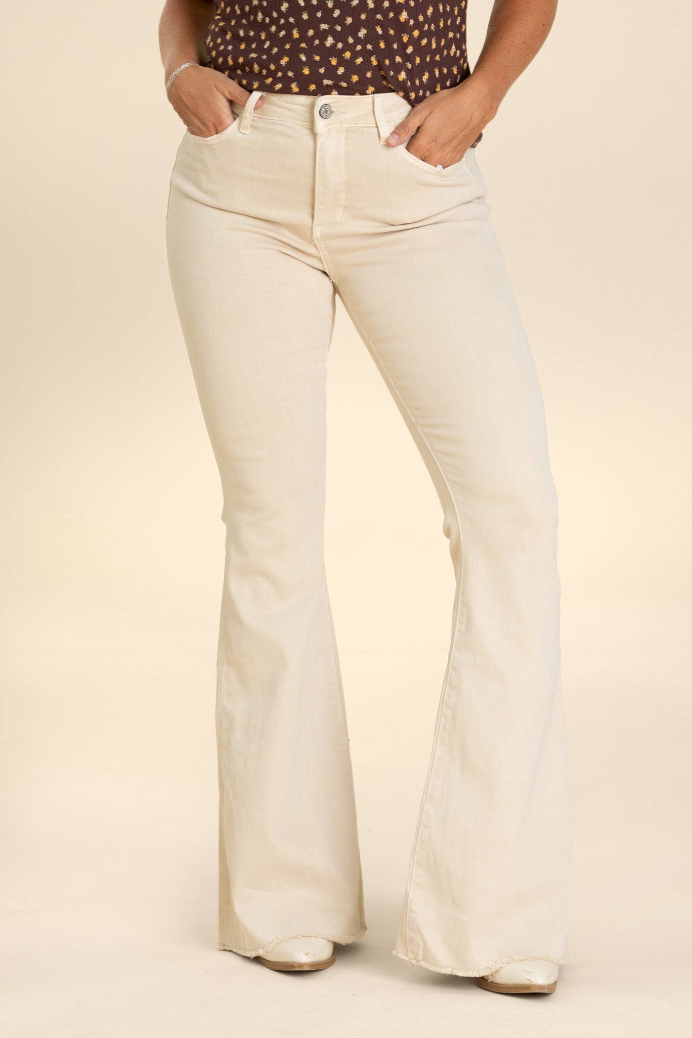 Vervet Beige High Rise Raw Hem Flare Jeans