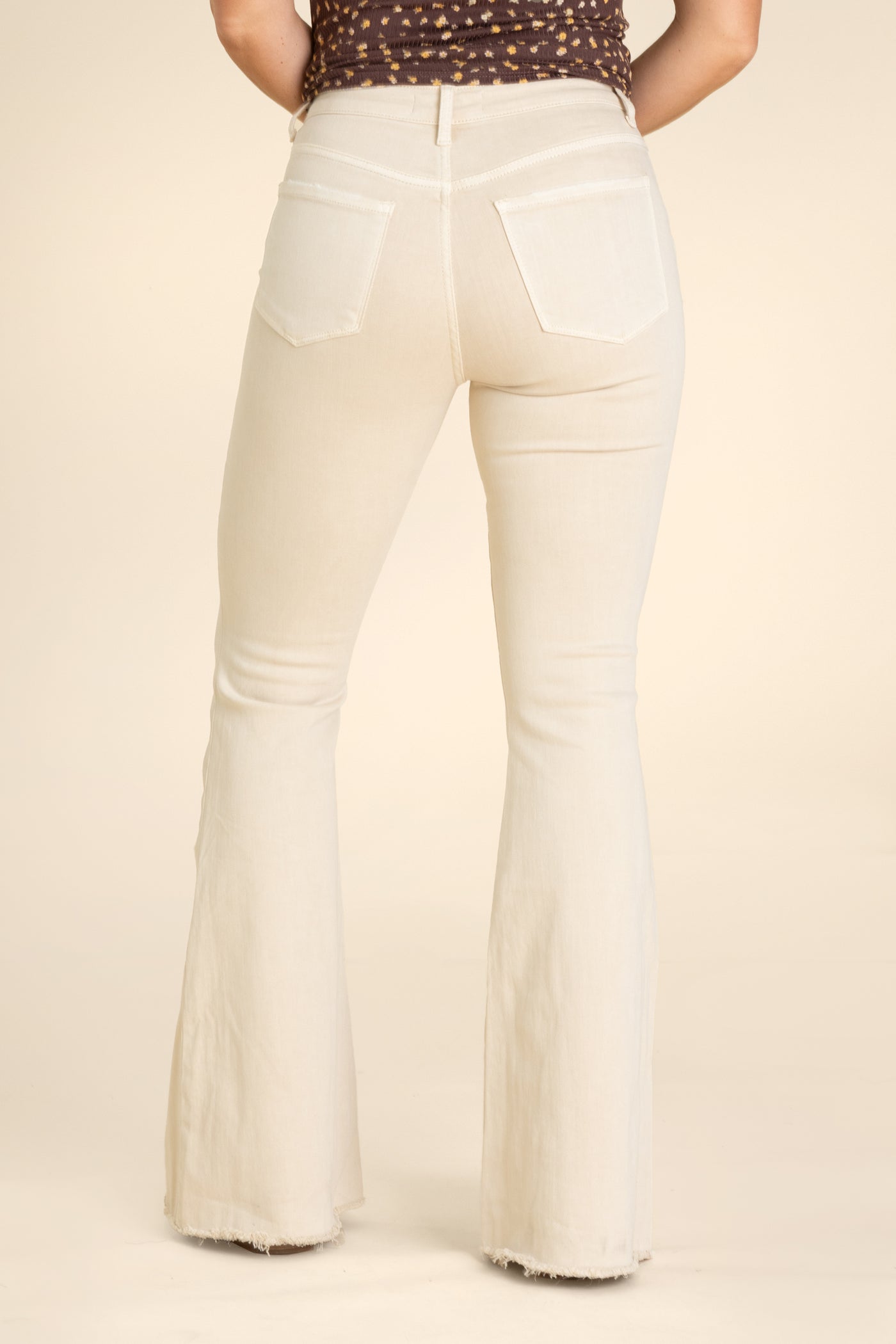 Vervet Beige High Rise Raw Hem Flare Jeans