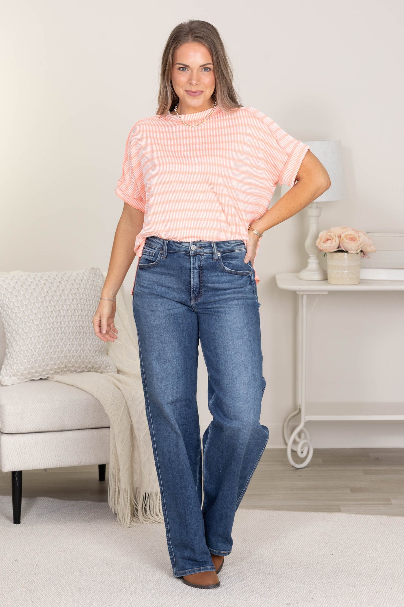 Raised Rib Striped Exposed Seam Knit Tops