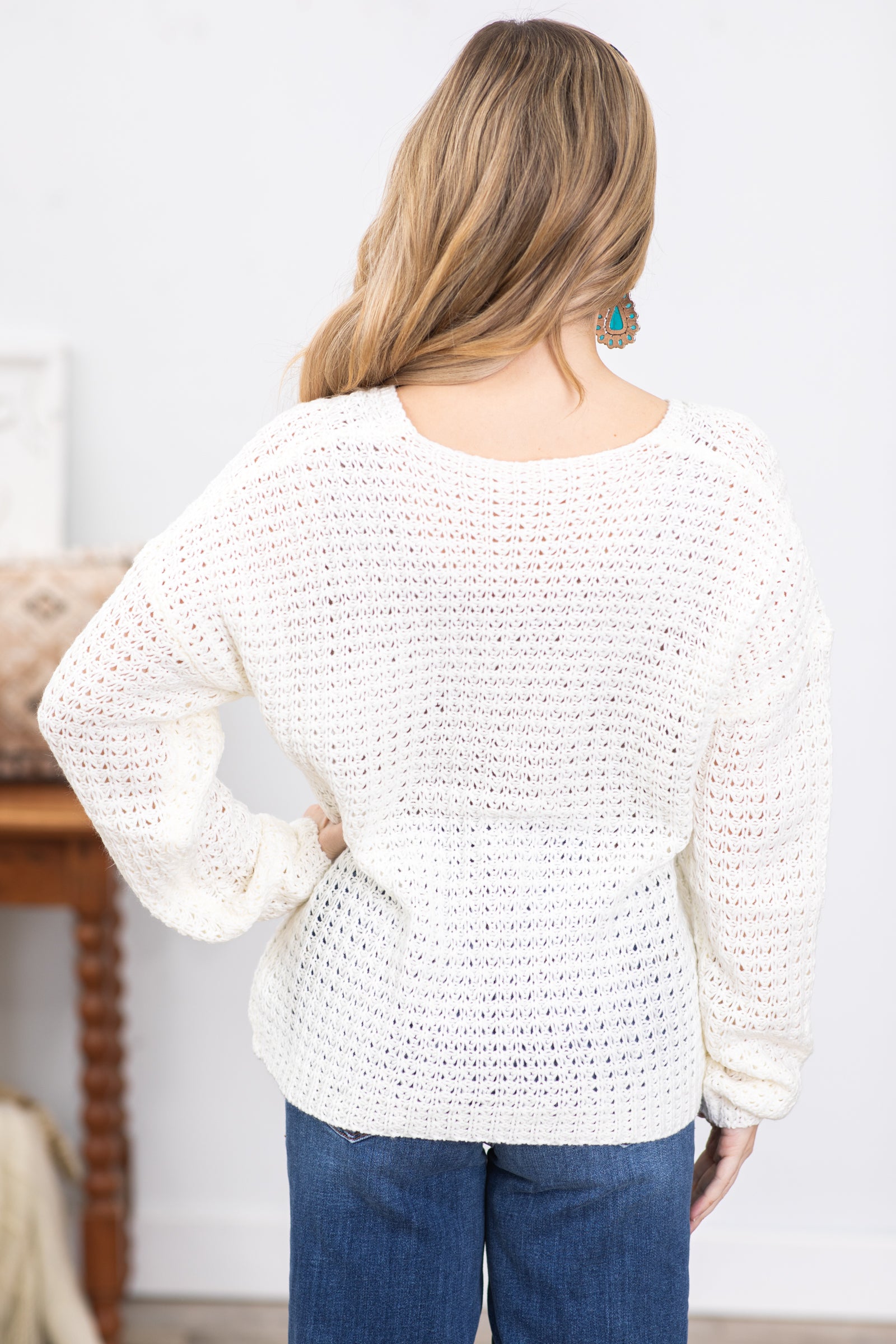 Ivory Knitted V-Neck Sweater