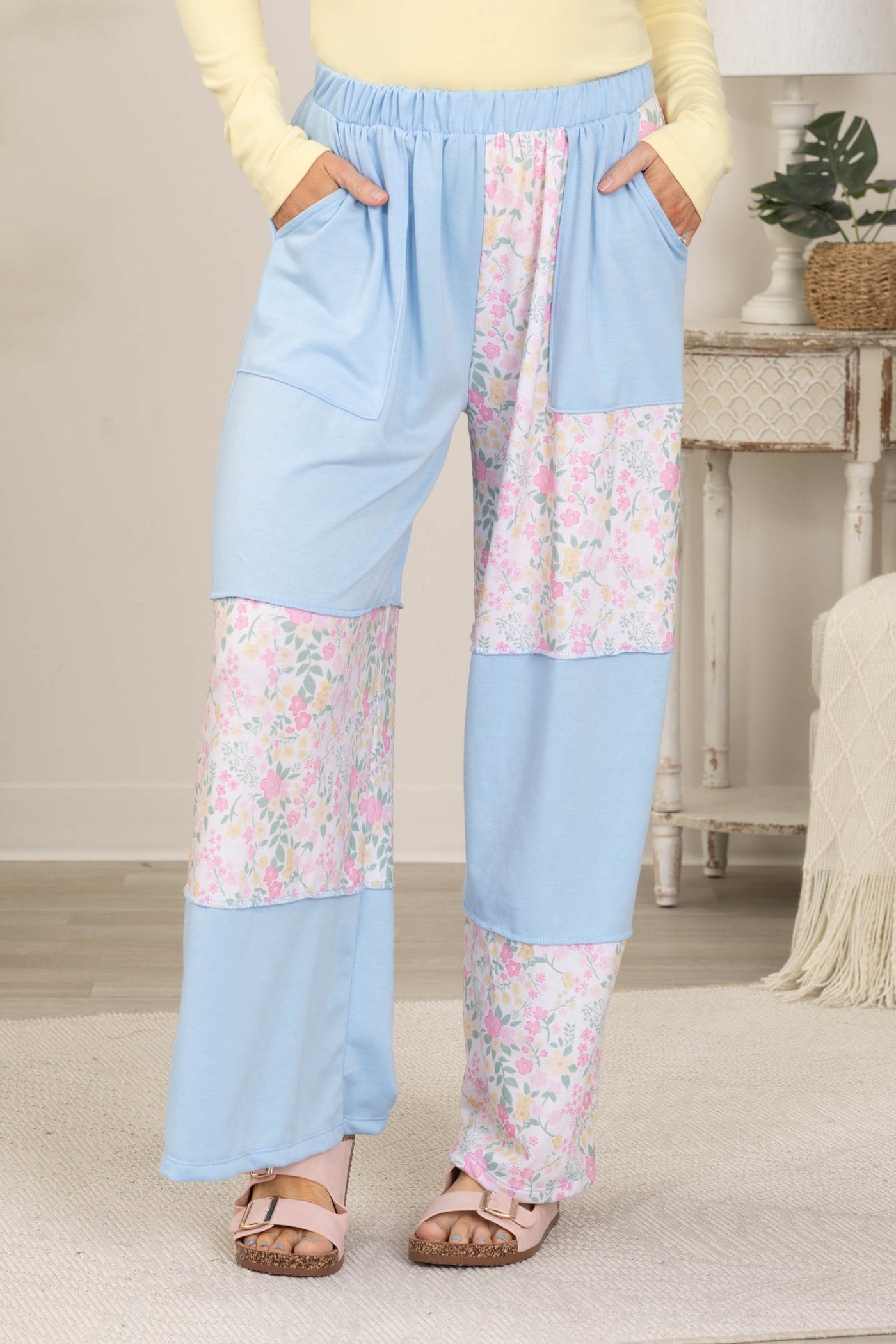 Baby Blue French Terry Floral Colorblock Pants