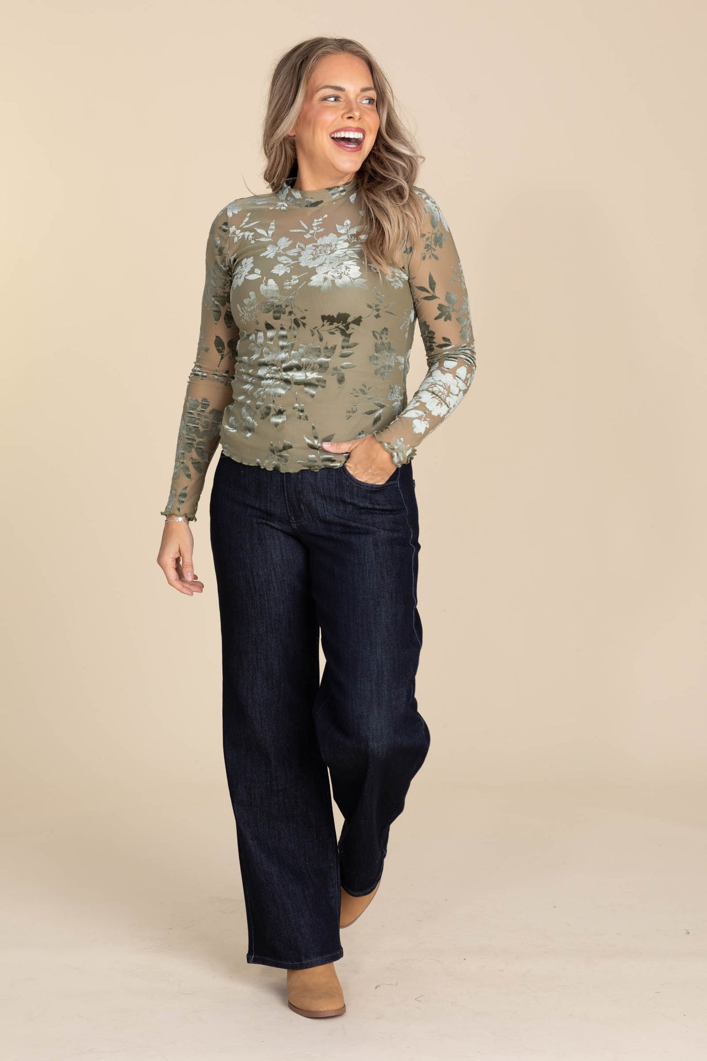 Olive Mesh Velvet Floral Long Sleeve Top