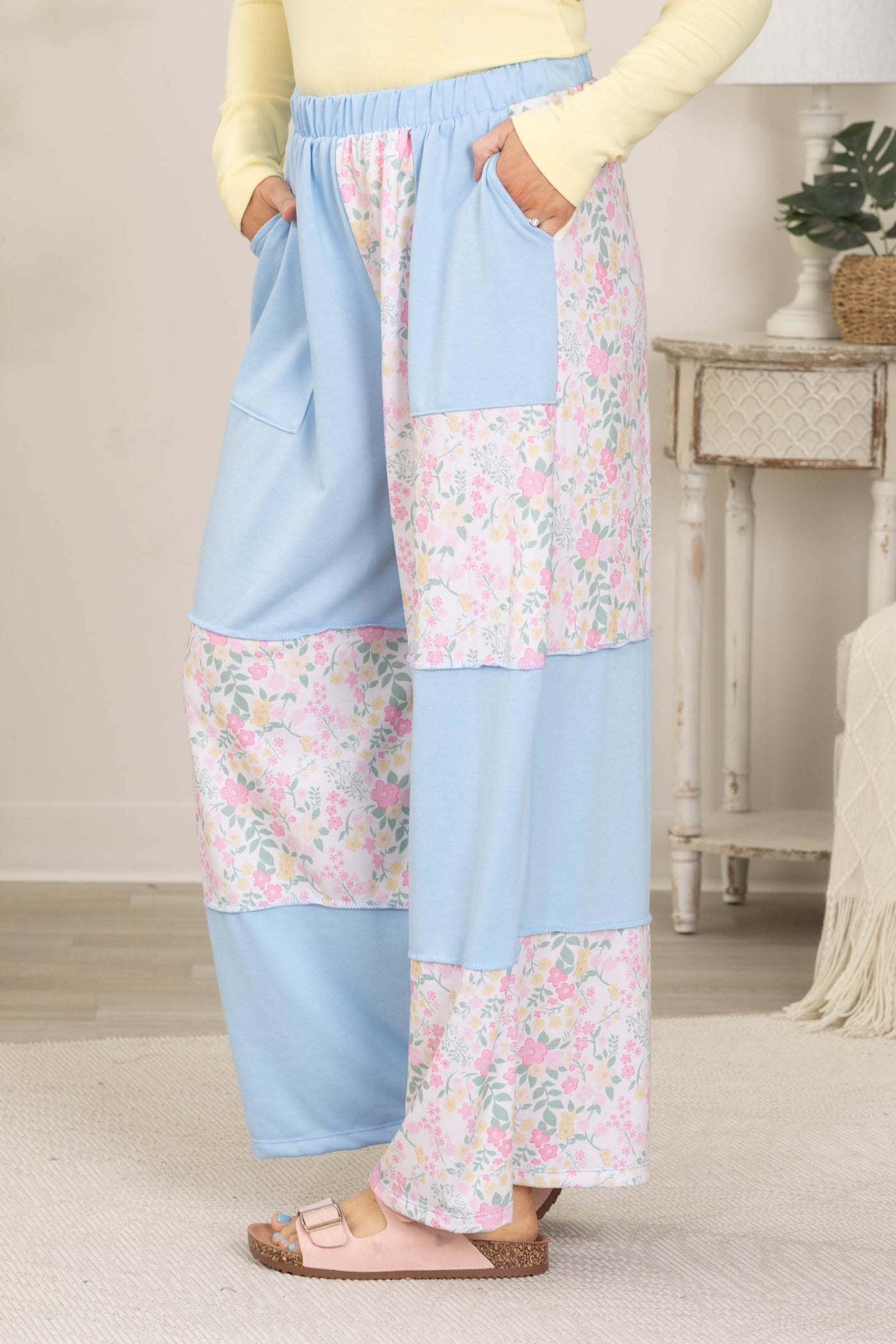 Baby Blue French Terry Floral Colorblock Pants