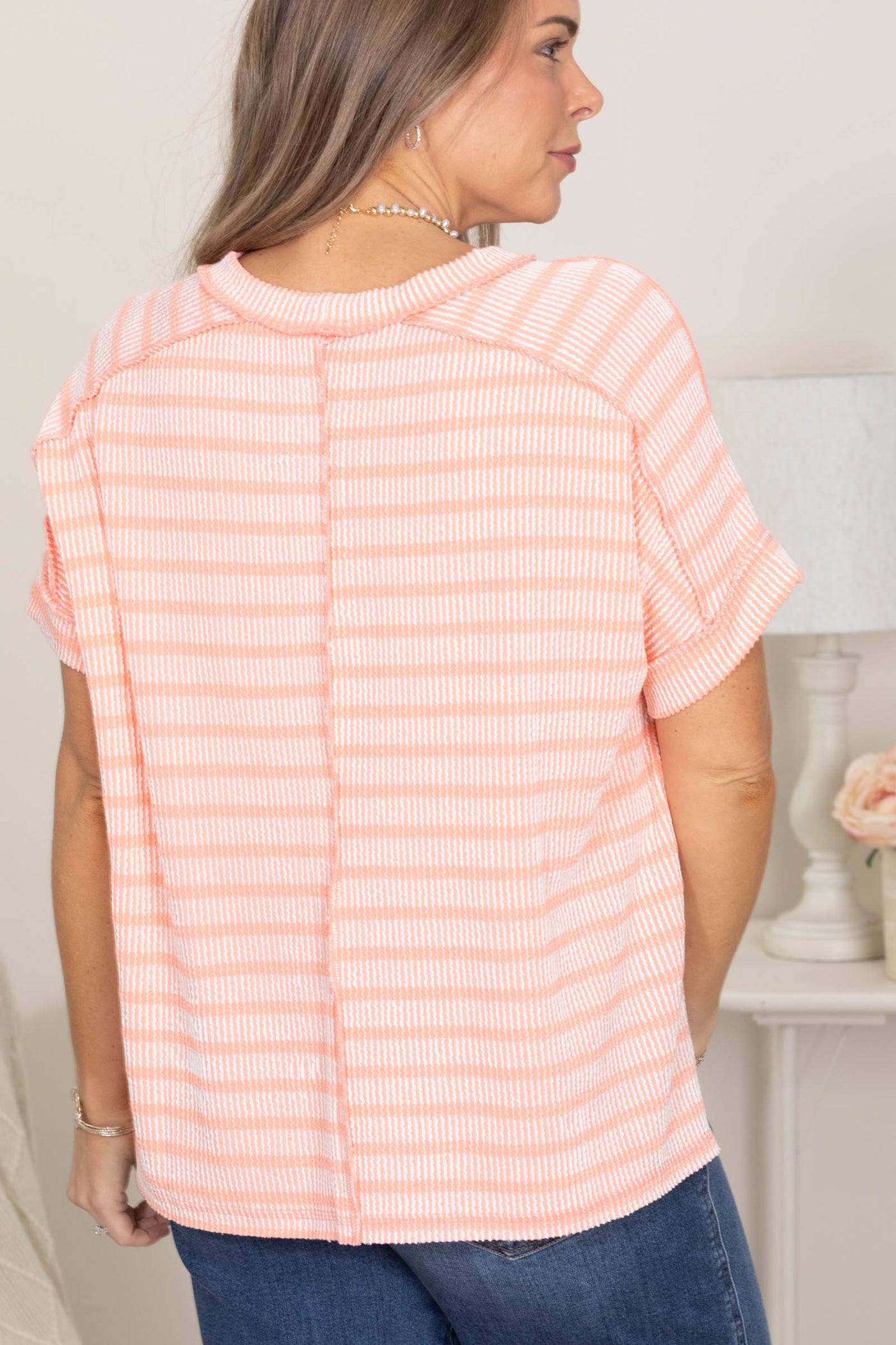 Raised Rib Striped Exposed Seam Knit Tops