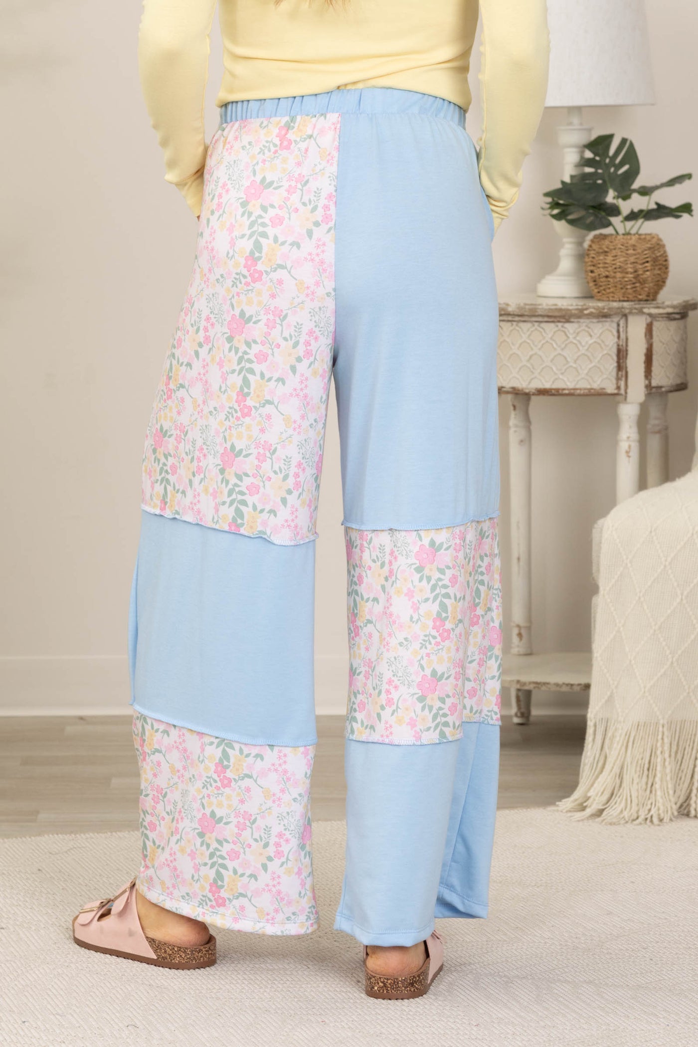 Baby Blue French Terry Floral Colorblock Pants