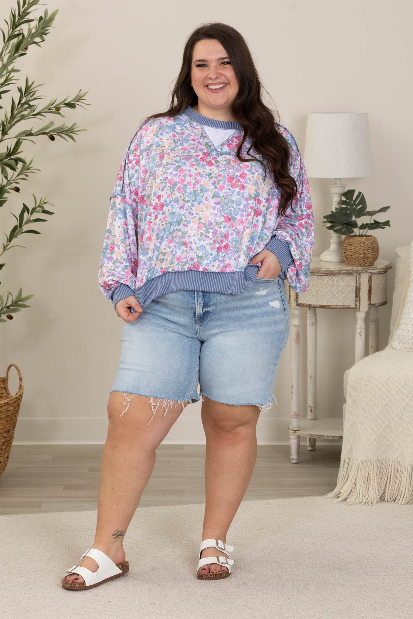Dusty Blue Floral Ribbed Trim Long Sleeve Top