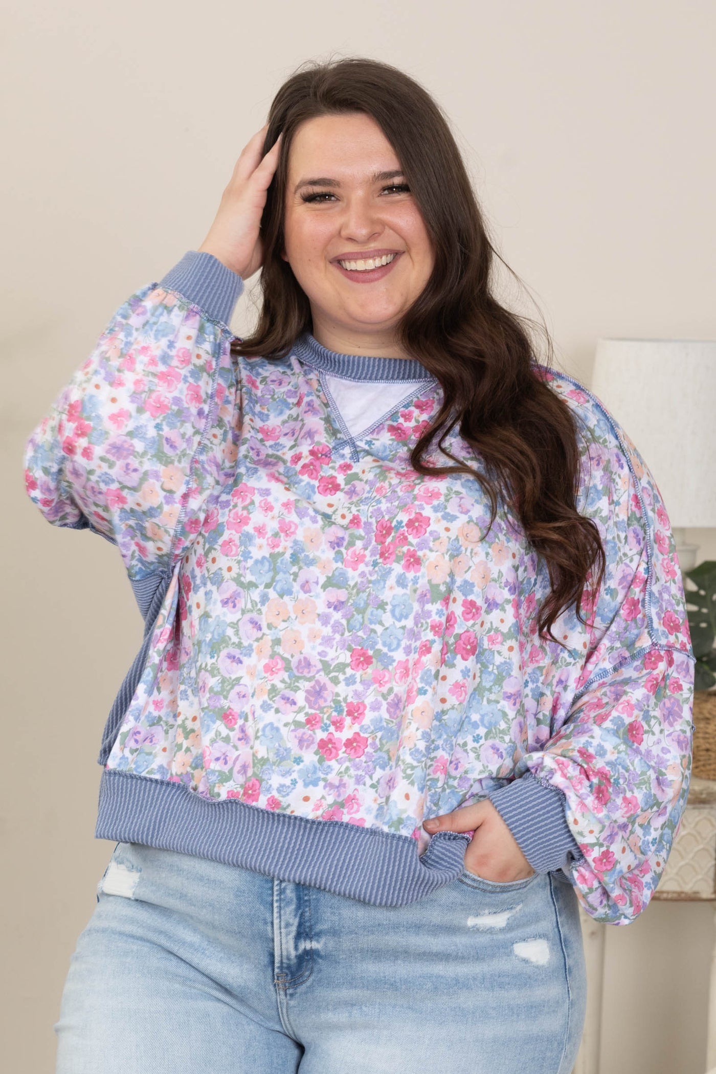 Dusty Blue Floral Ribbed Trim Long Sleeve Top