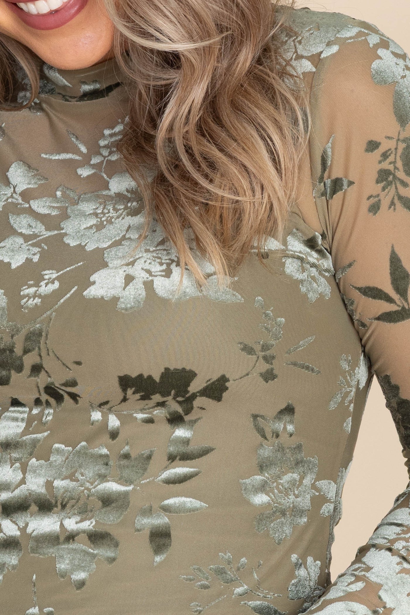 Olive Mesh Velvet Floral Long Sleeve Top