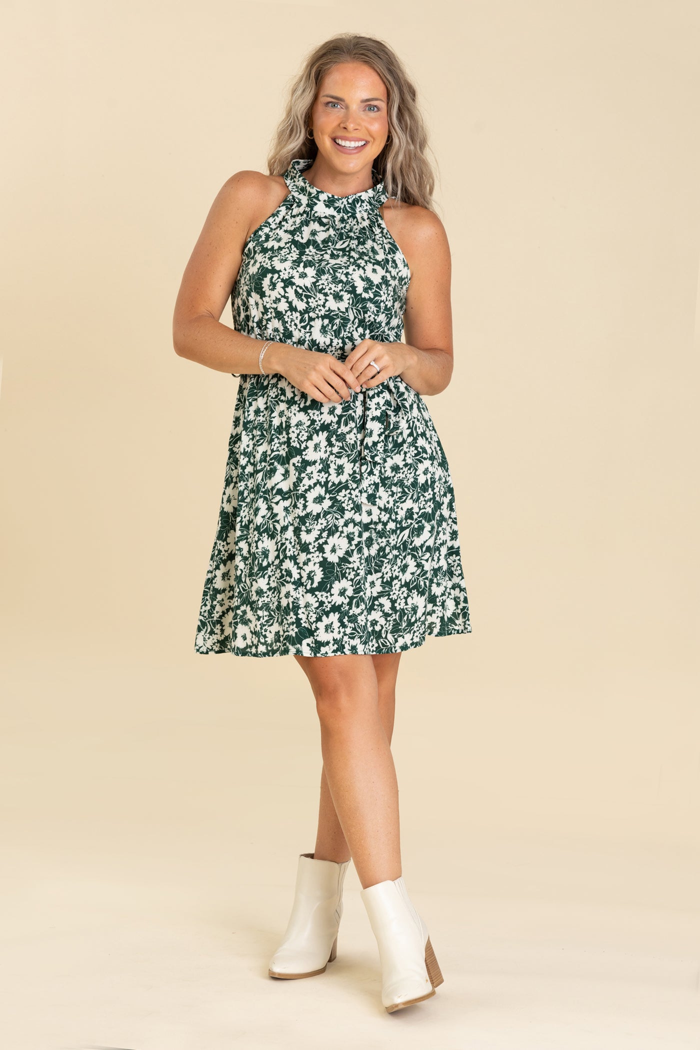 Hunter Green Floral Mock Dress With Waist Tie Hunter Green Floral Mock Dress With Waist Tie