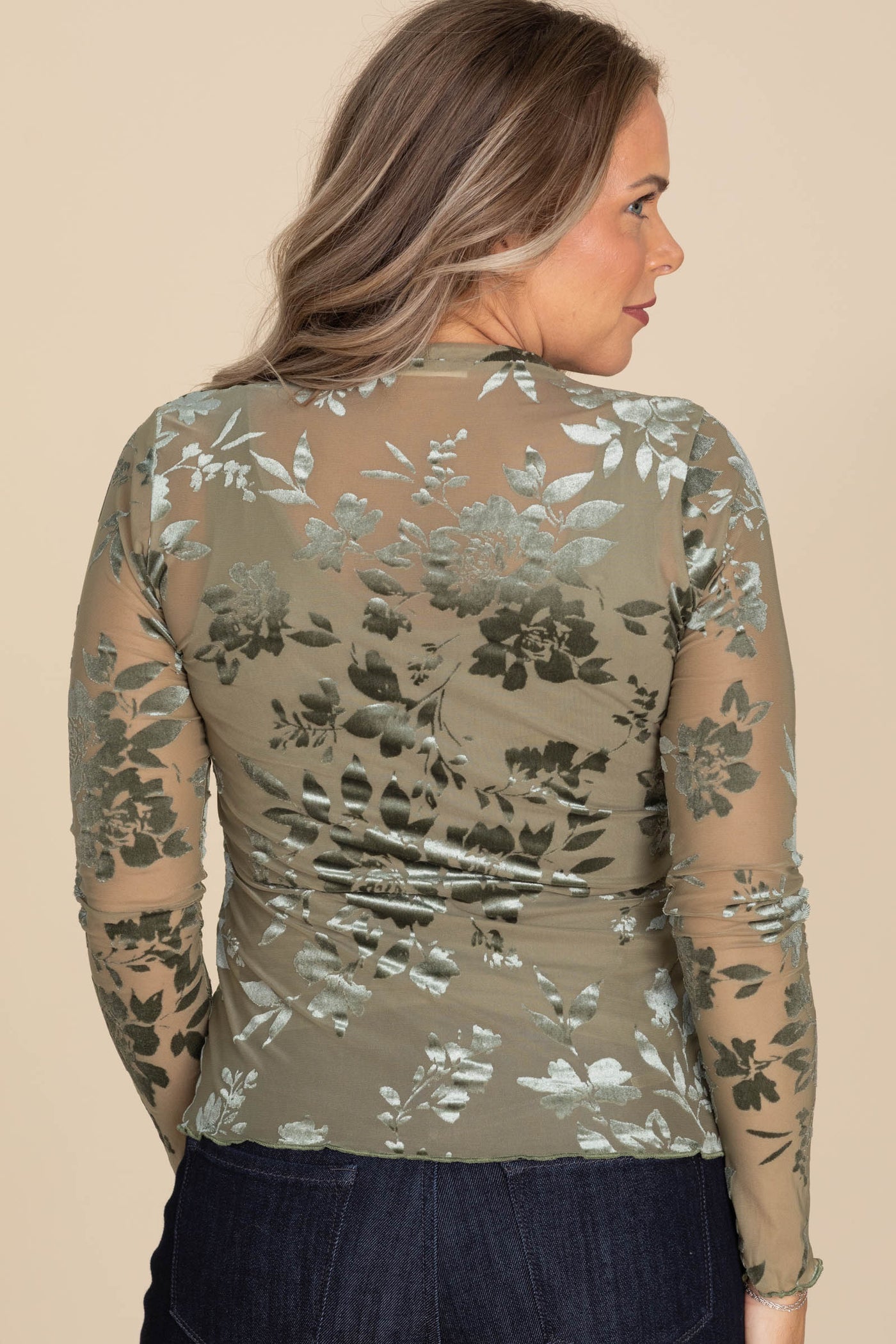 Olive Mesh Velvet Floral Long Sleeve Top