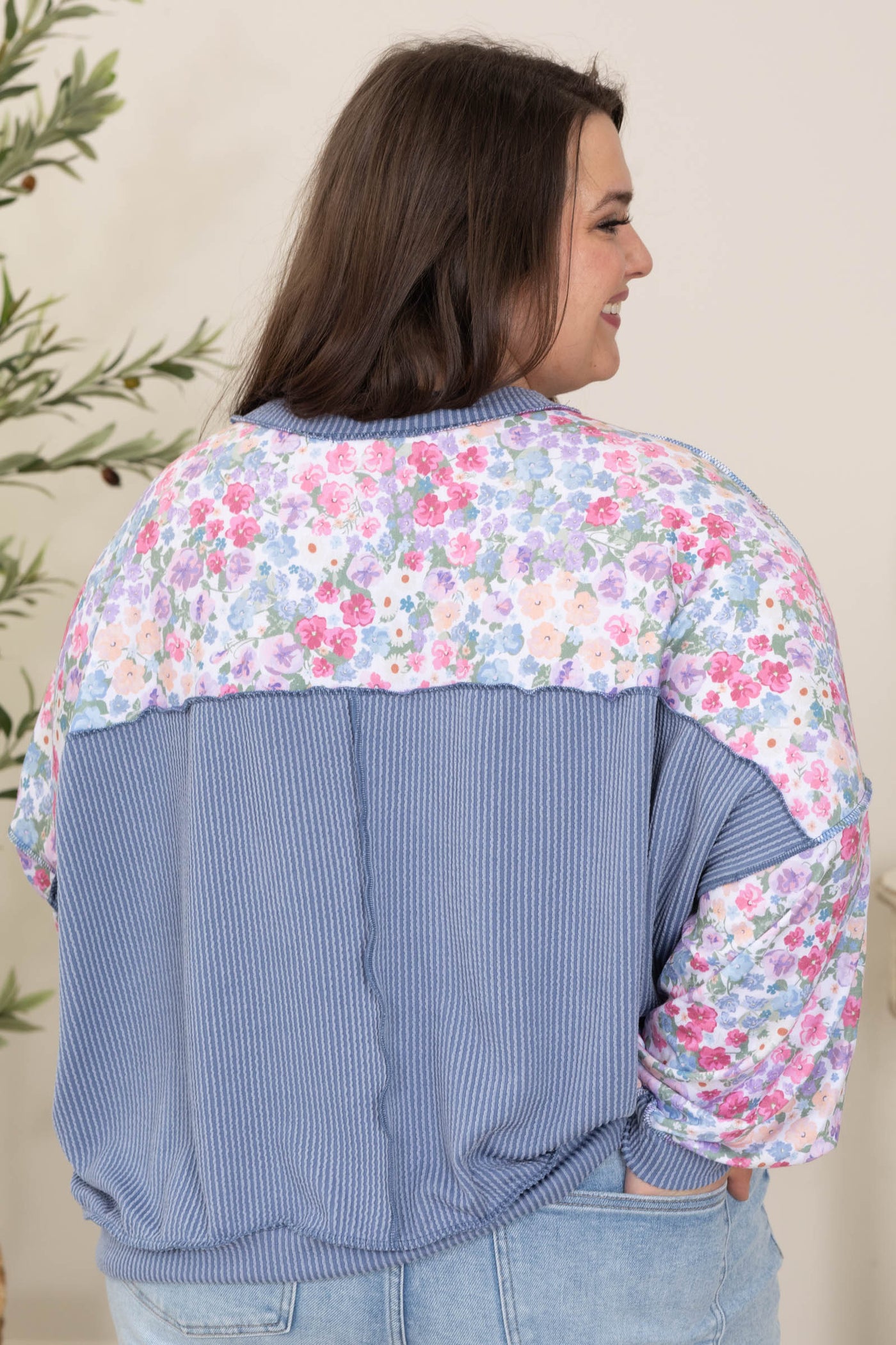 Dusty Blue Floral Ribbed Trim Long Sleeve Top