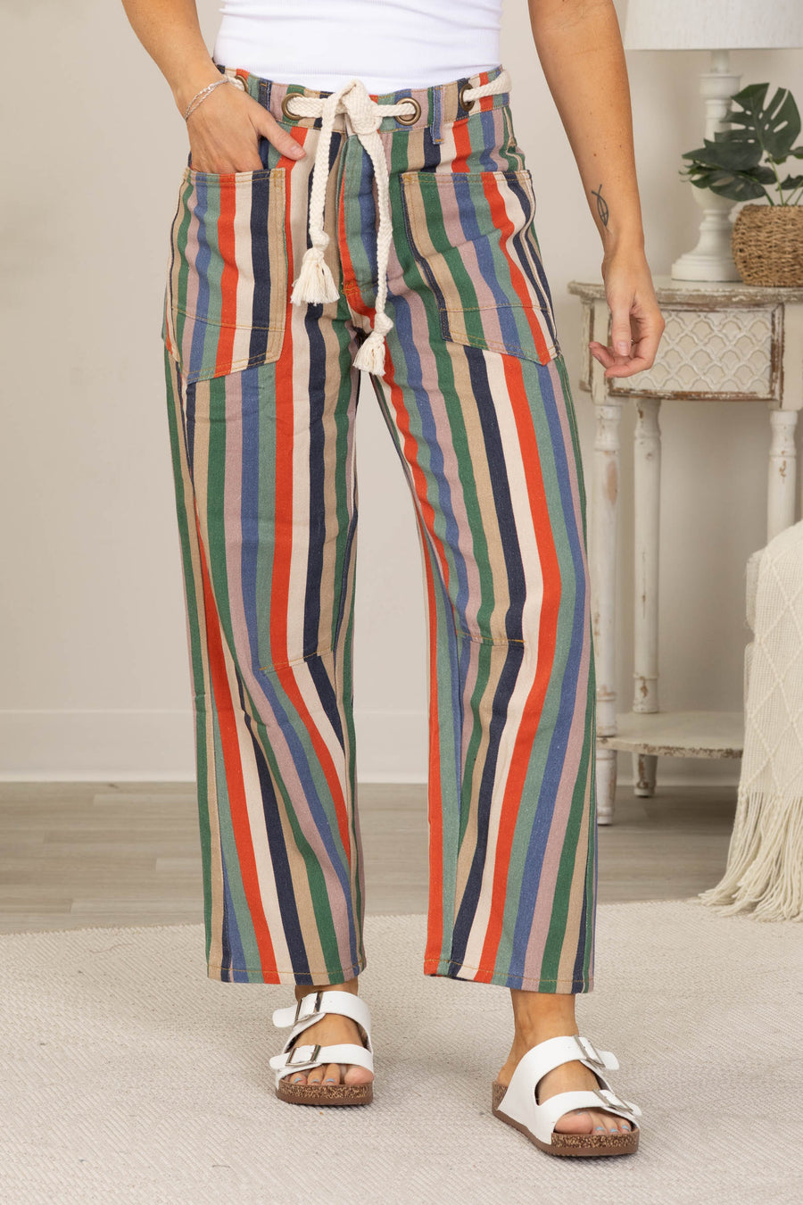 Washed Multicolor Stripe Rope String Pants