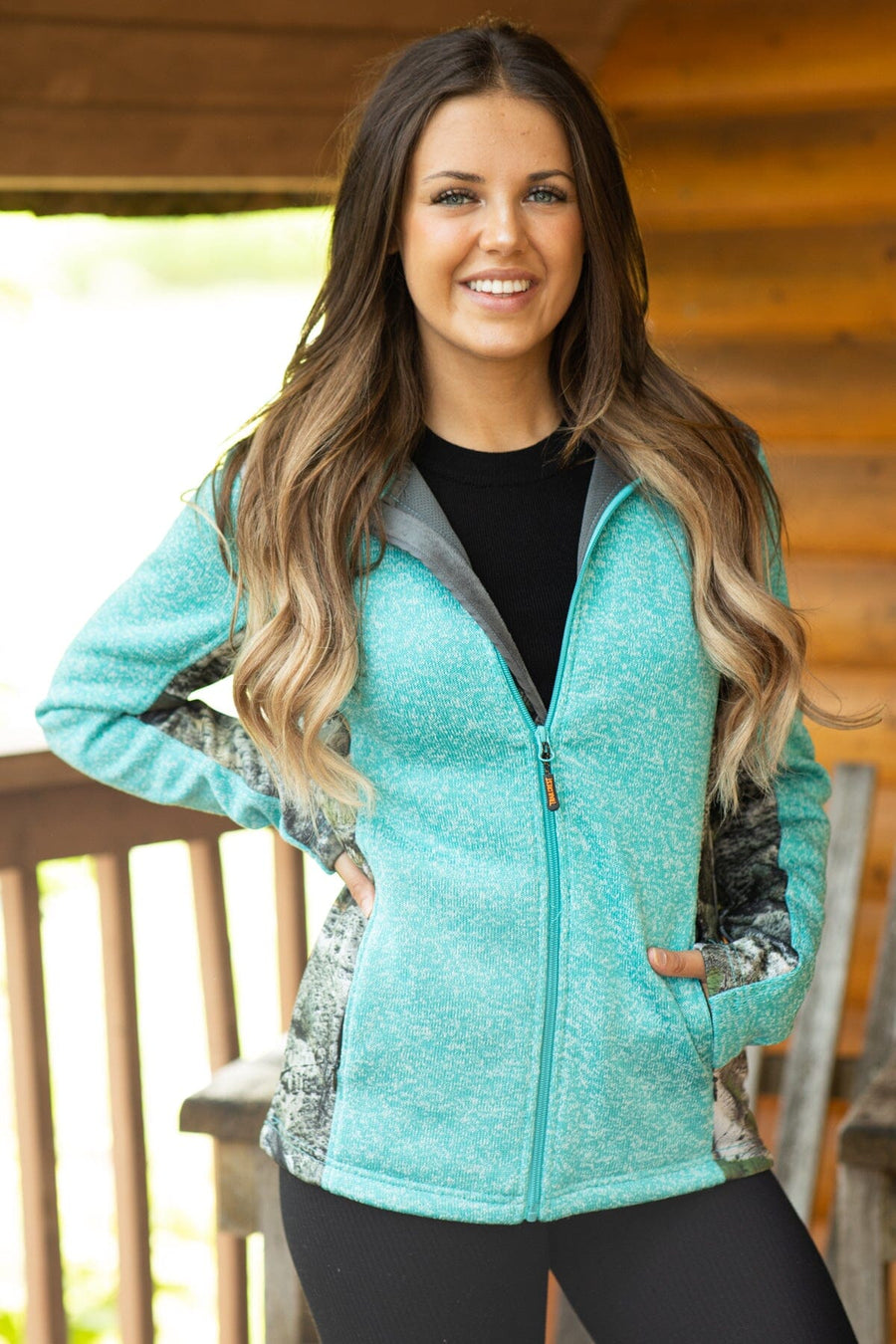 Turquoise Full Zip Sweatshirt With Camo - Filly Flair