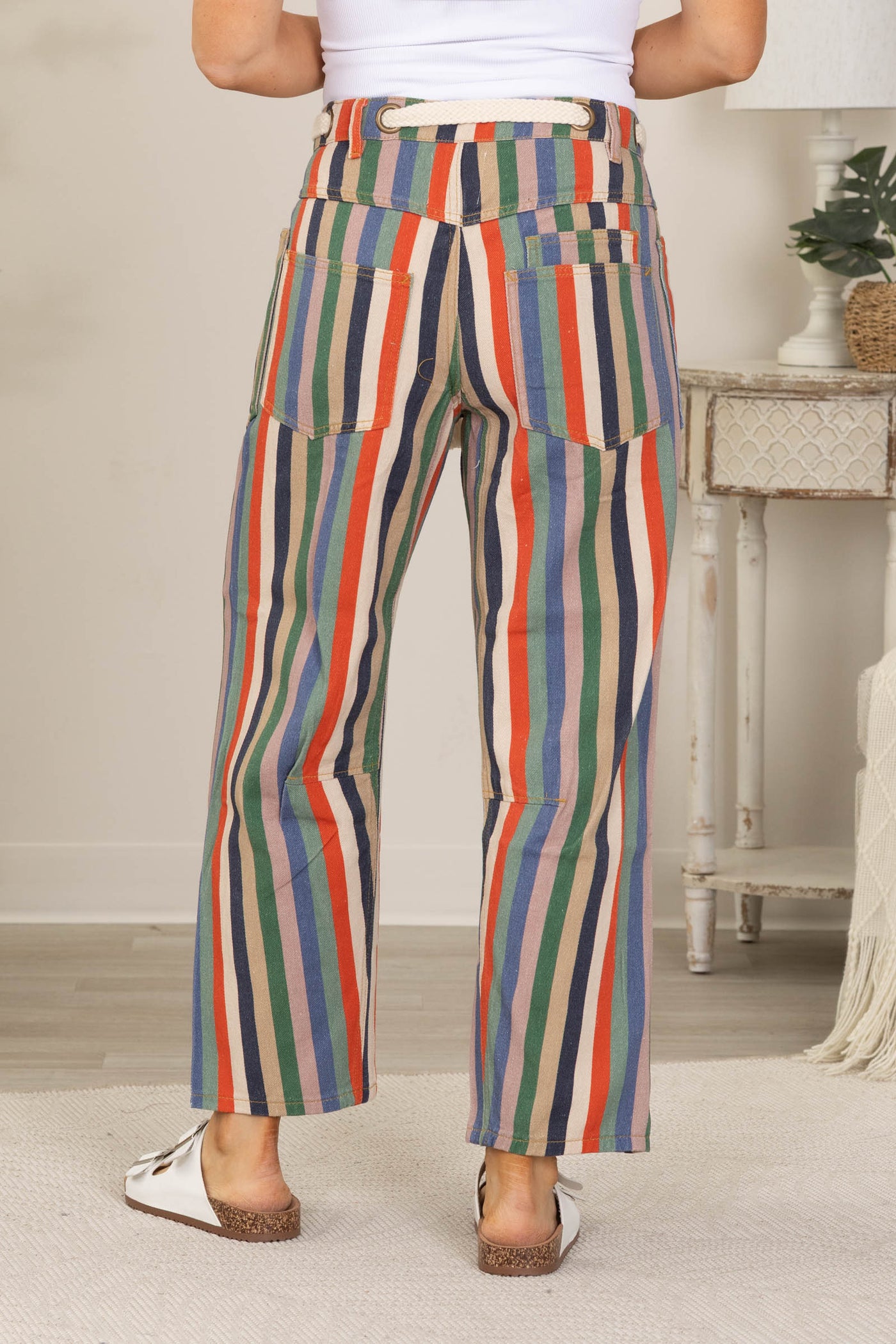 Washed Multicolor Stripe Rope String Pants