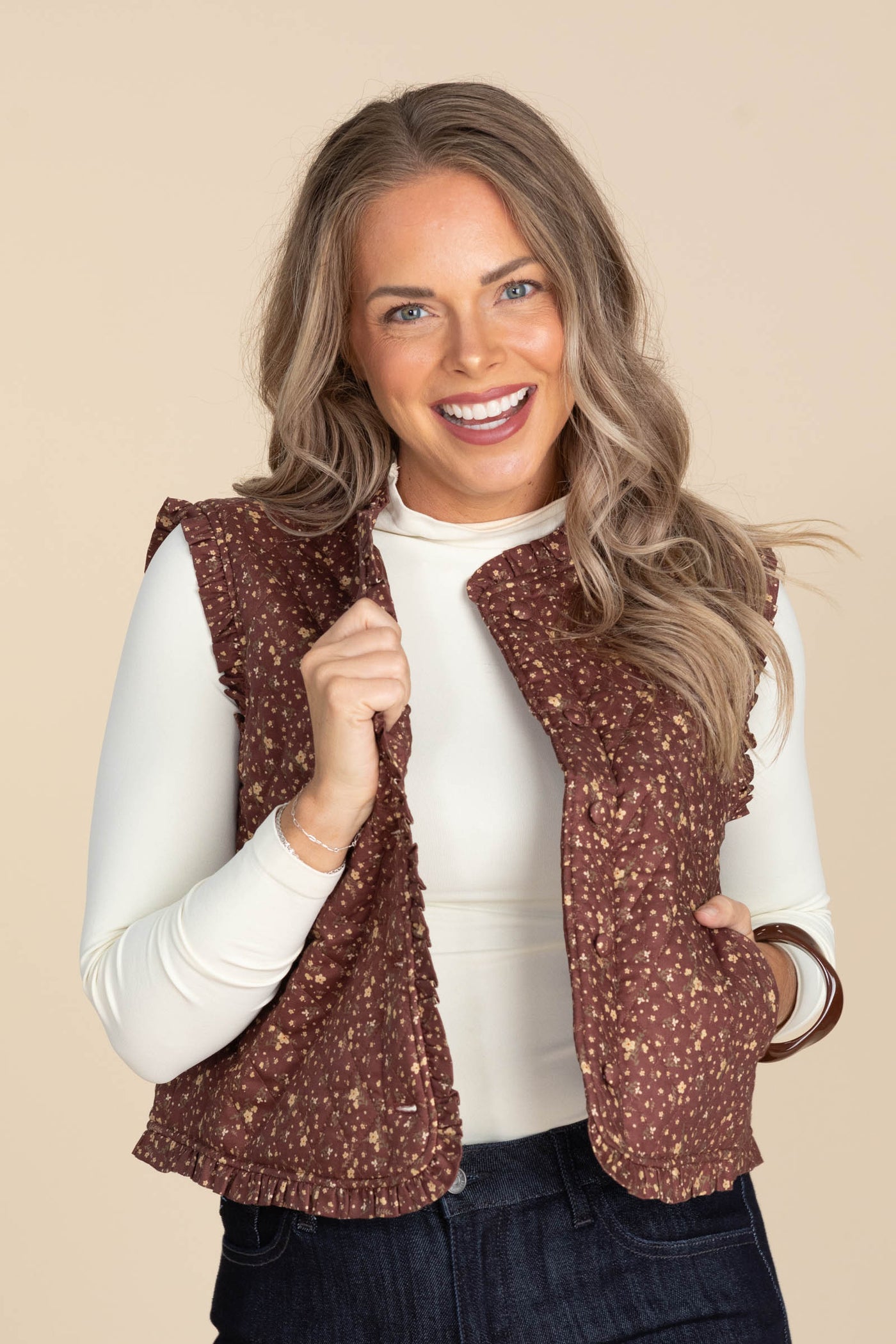 Ditsy Print Ruffle Detail Quilting Vests