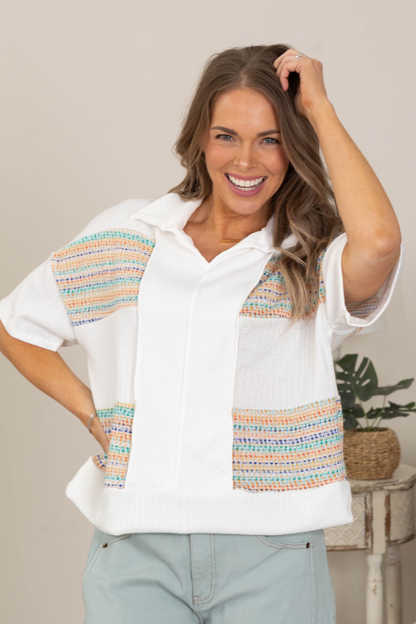 White Collar Multicolor Colorblock Knit Top