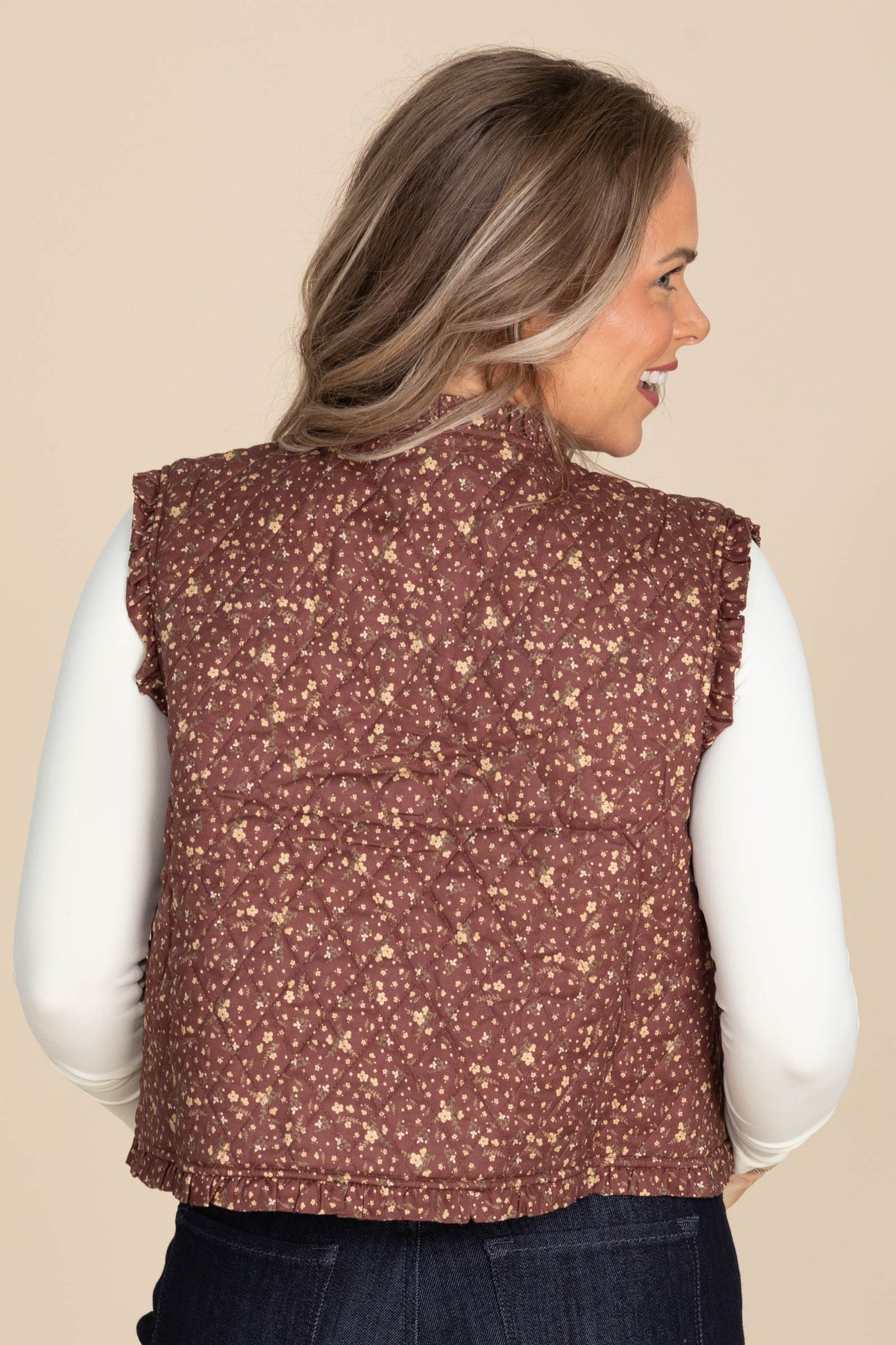 Ditsy Print Ruffle Detail Quilting Vests