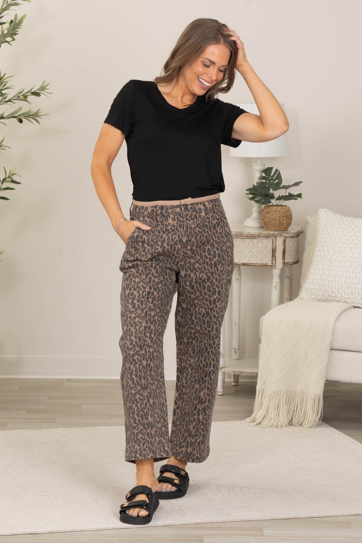 Risen Animal Print High Rise Crop Relaxed Pants
