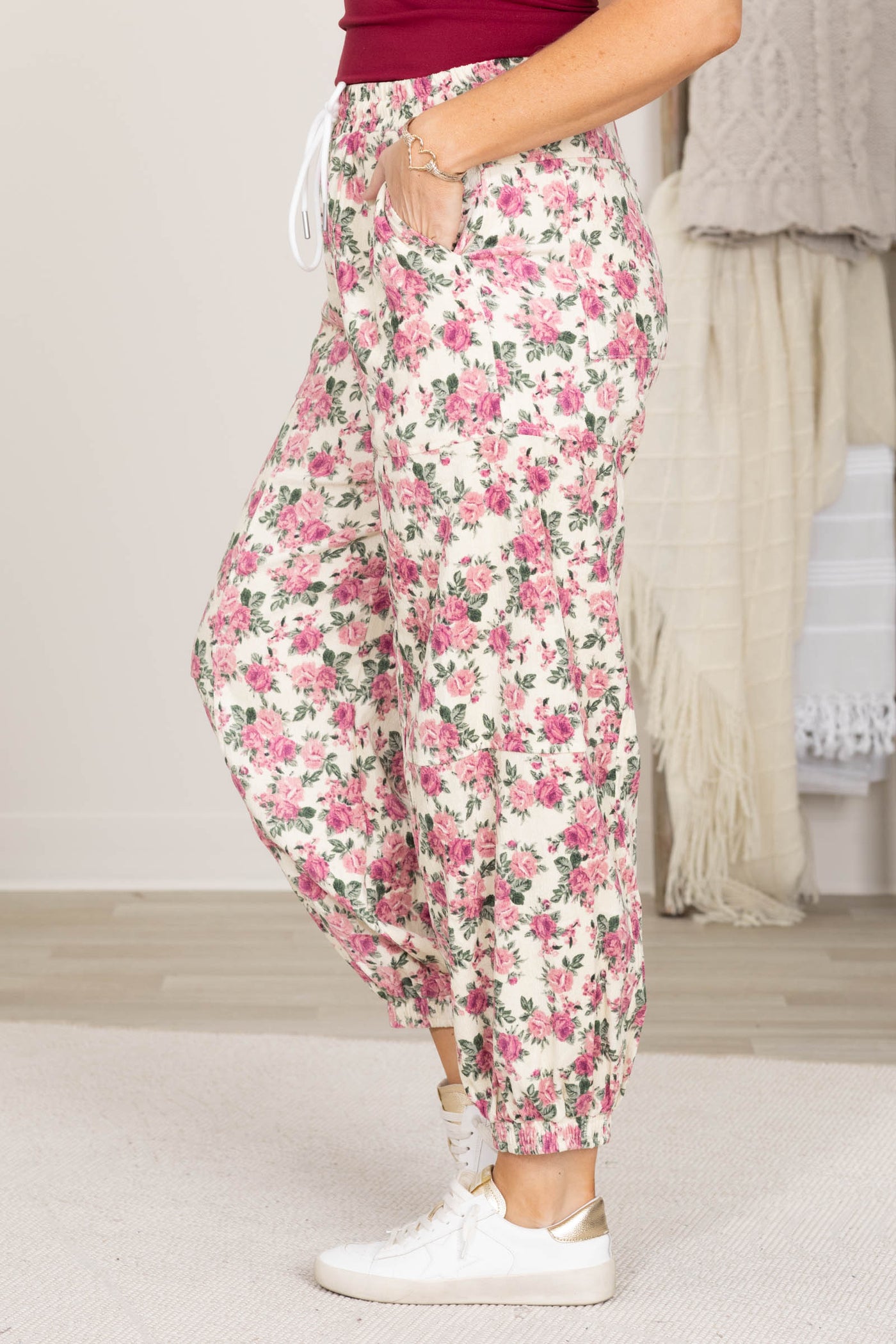 Cream With Pink Floral Printed Twill Pants