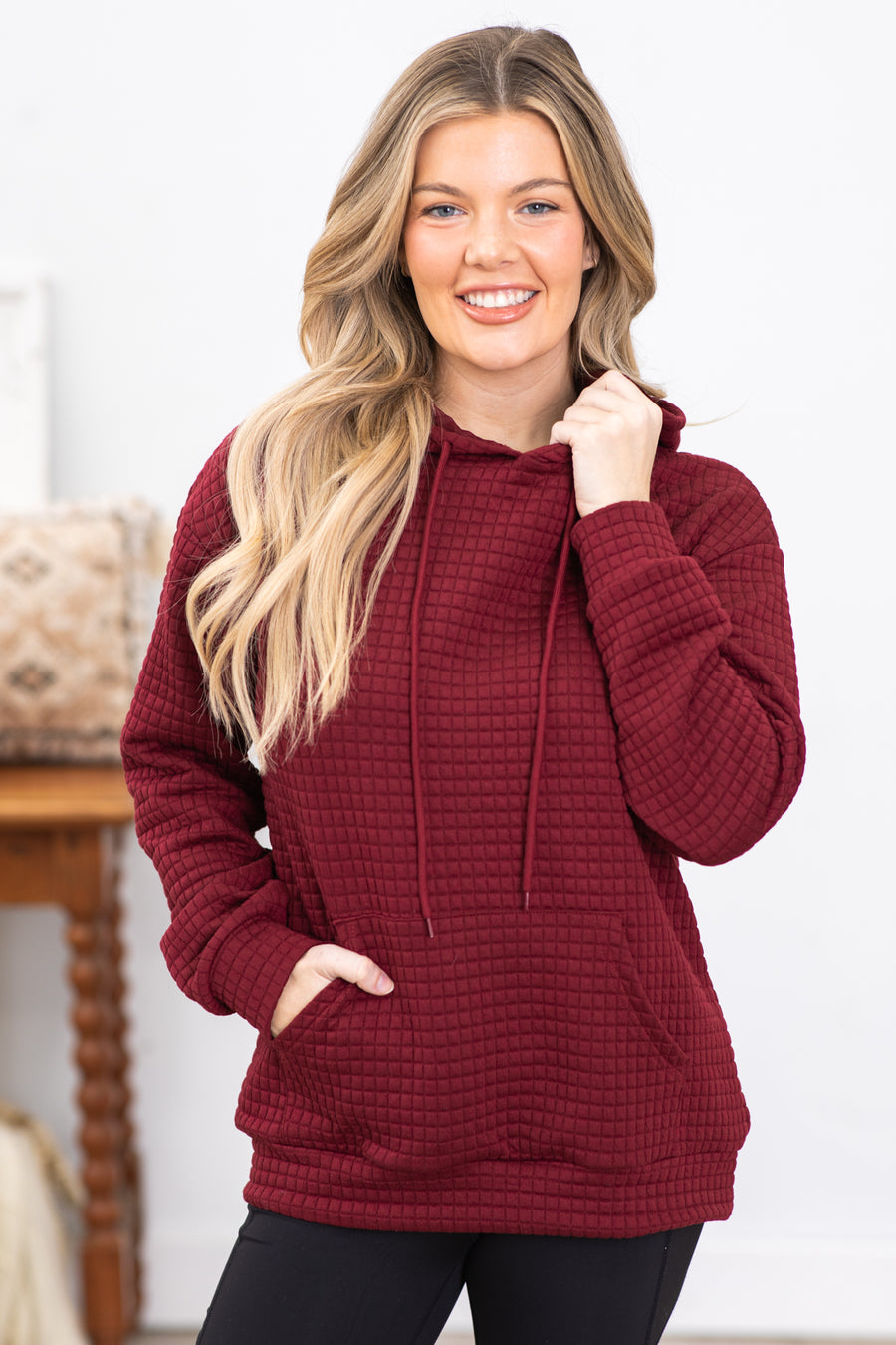 Burgundy Textured Hooded Top With Pocket