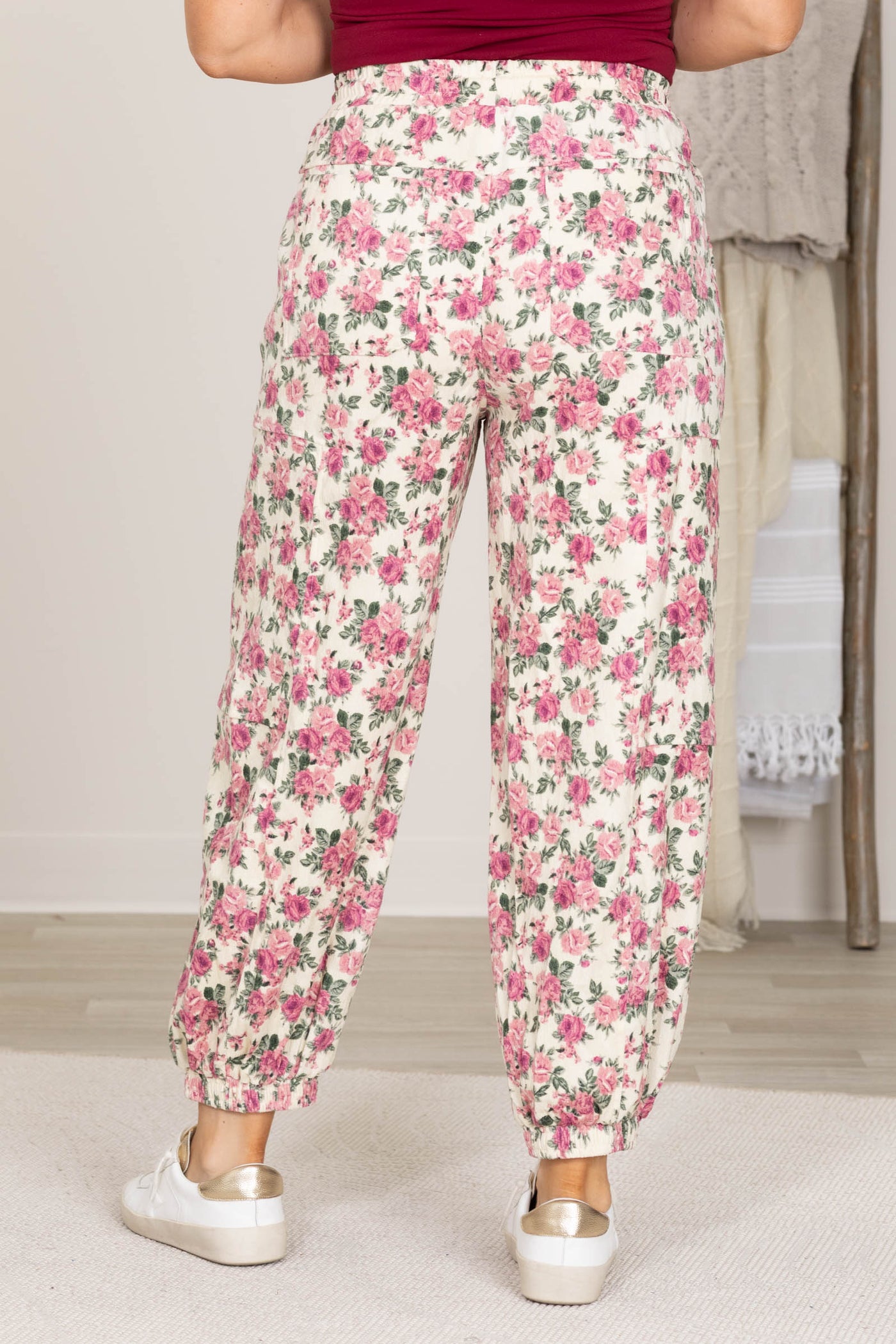 Cream With Pink Floral Printed Twill Pants