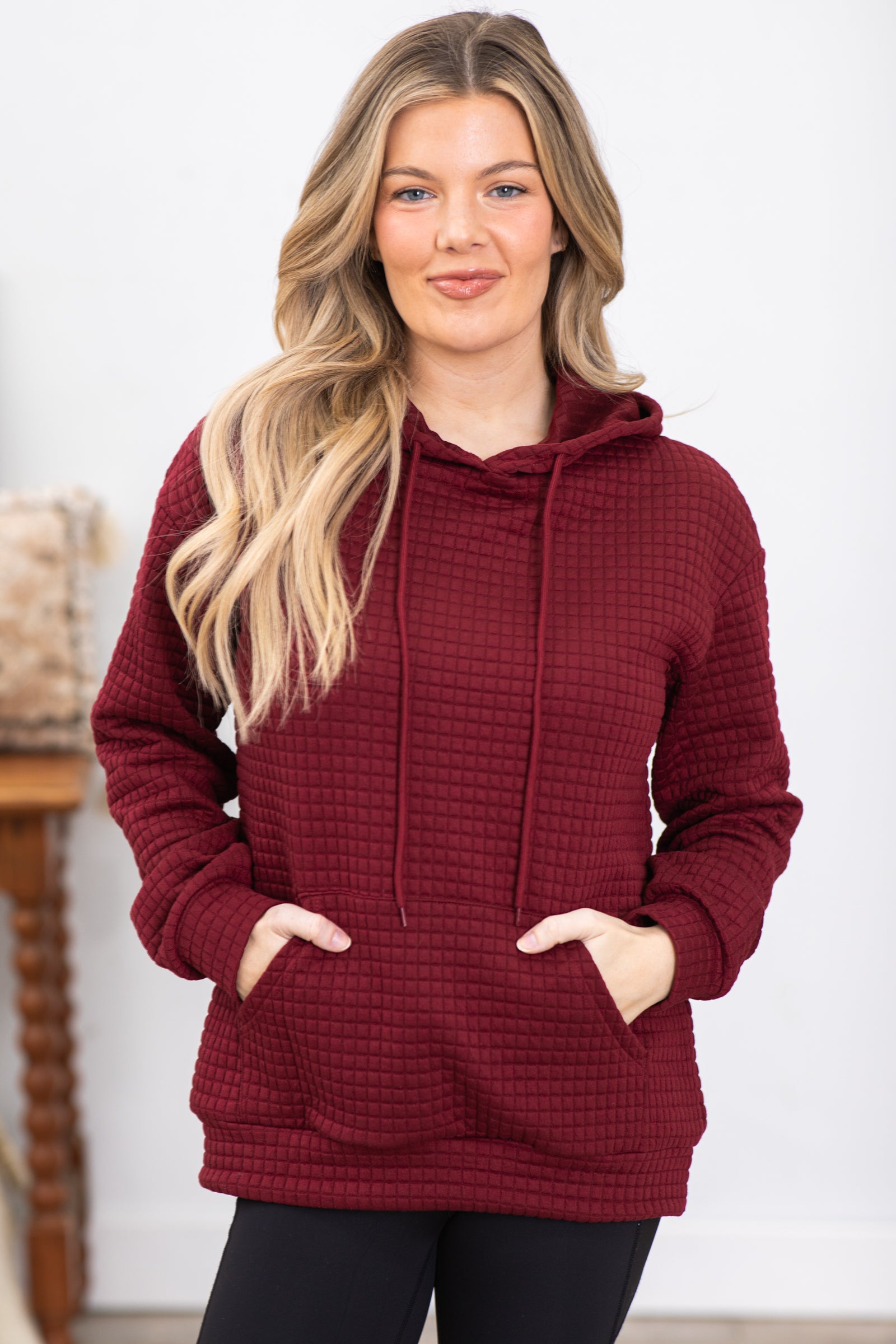 Burgundy Textured Hooded Top With Pocket