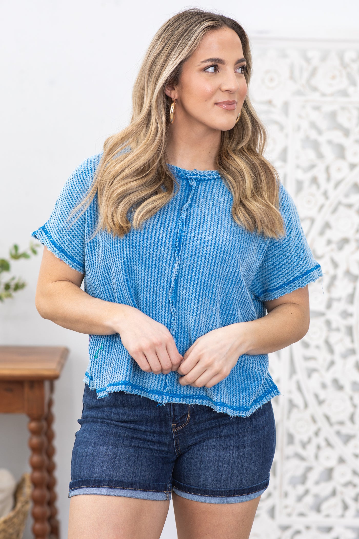 Blue Washed Stitch Detail Waffle Knit Top