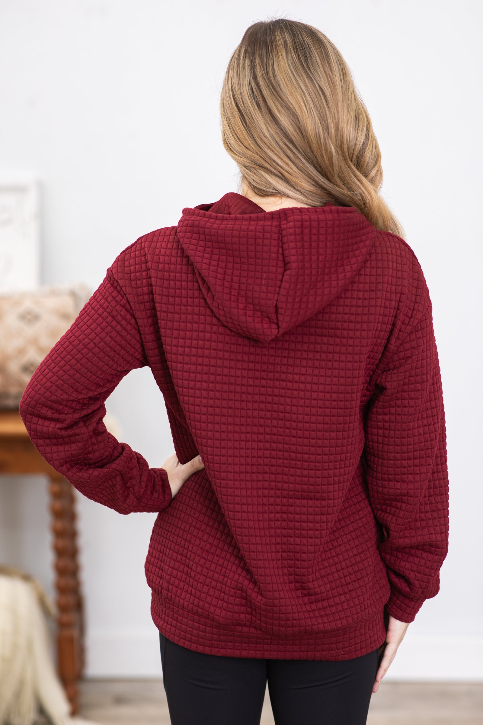 Burgundy Textured Hooded Top With Pocket