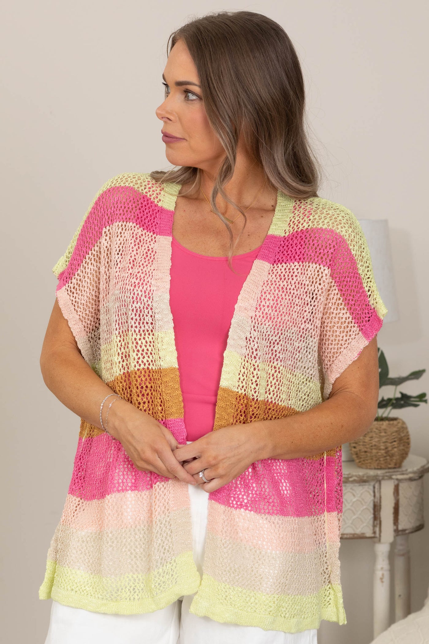 Pink And Lime Striped Light Open Cardigan