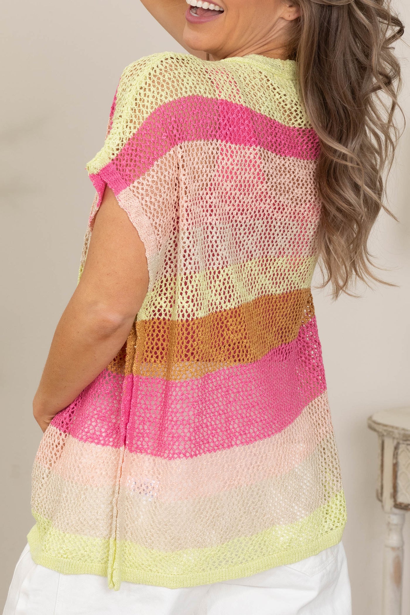 Pink And Lime Striped Light Open Cardigan