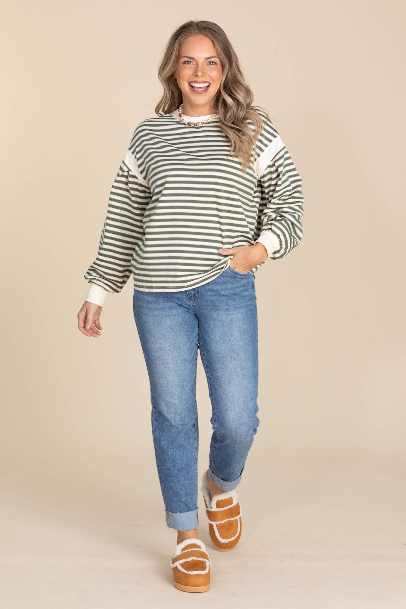 Olive And Cream Striped Long Sleeve Casual Top