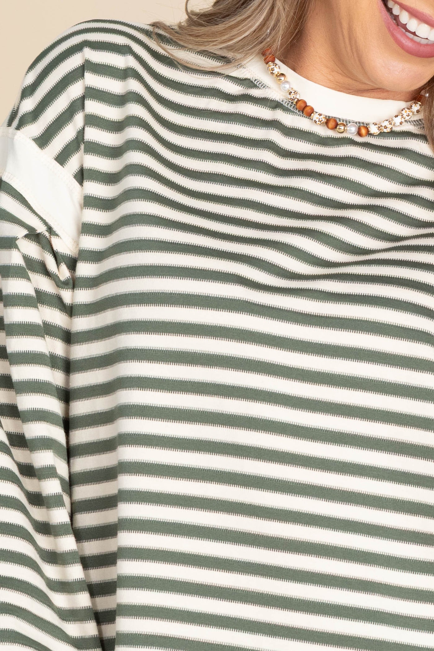 Olive And Cream Striped Long Sleeve Casual Top